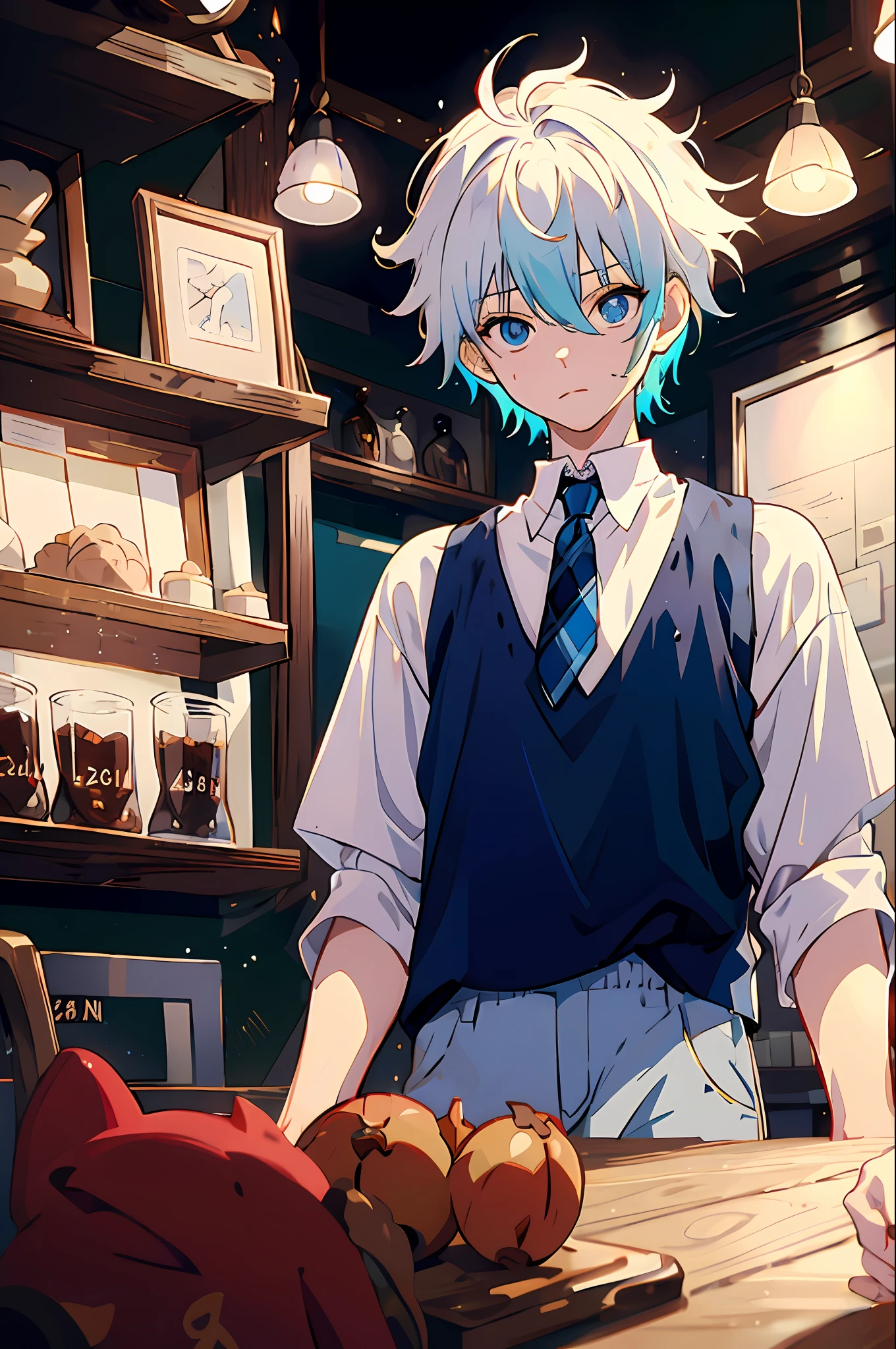 1boy, Killua_Zoldik, white colored hair, Cyan eyes, 独奏, focus, teenaged, foreshortening, soft light, Gym, weight gain, plaid shirt, brown shorts, in a cafe, at the table