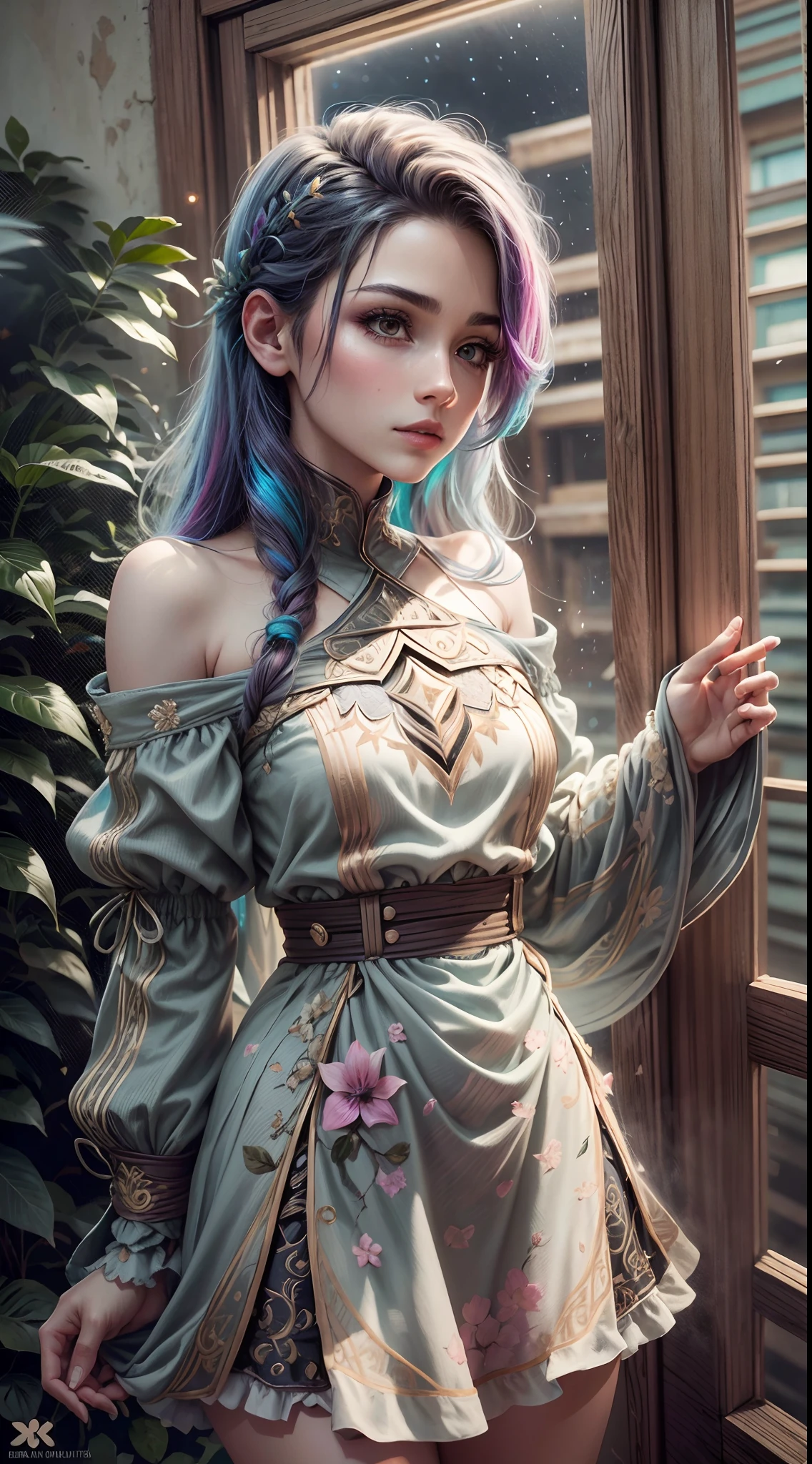 Bela, obra prima, extremamente detalhado, melhor qualidade, best ilumination, melhor sombra, rosto perfeito, cores diversas, segurando a lua, starly sky, vestido solto leve, vento forte, cabelo voando com o vento,