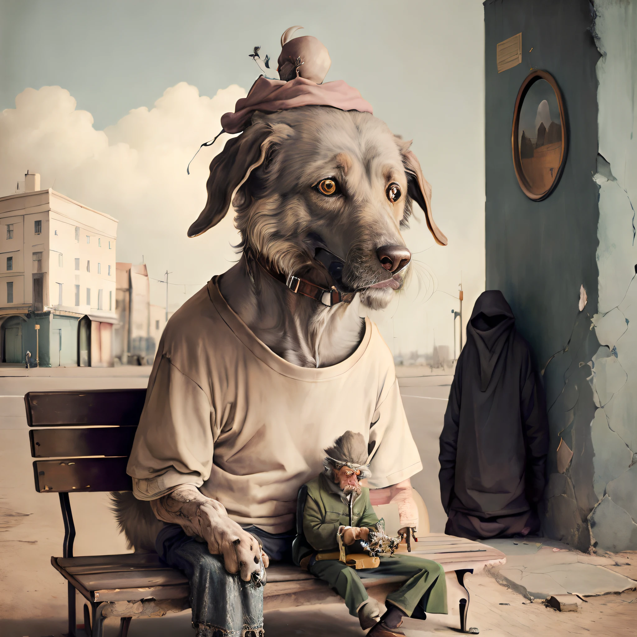((((higly detailed))))surrealism, minimalism,A homeless man sits on a bench,A dog sits next to him