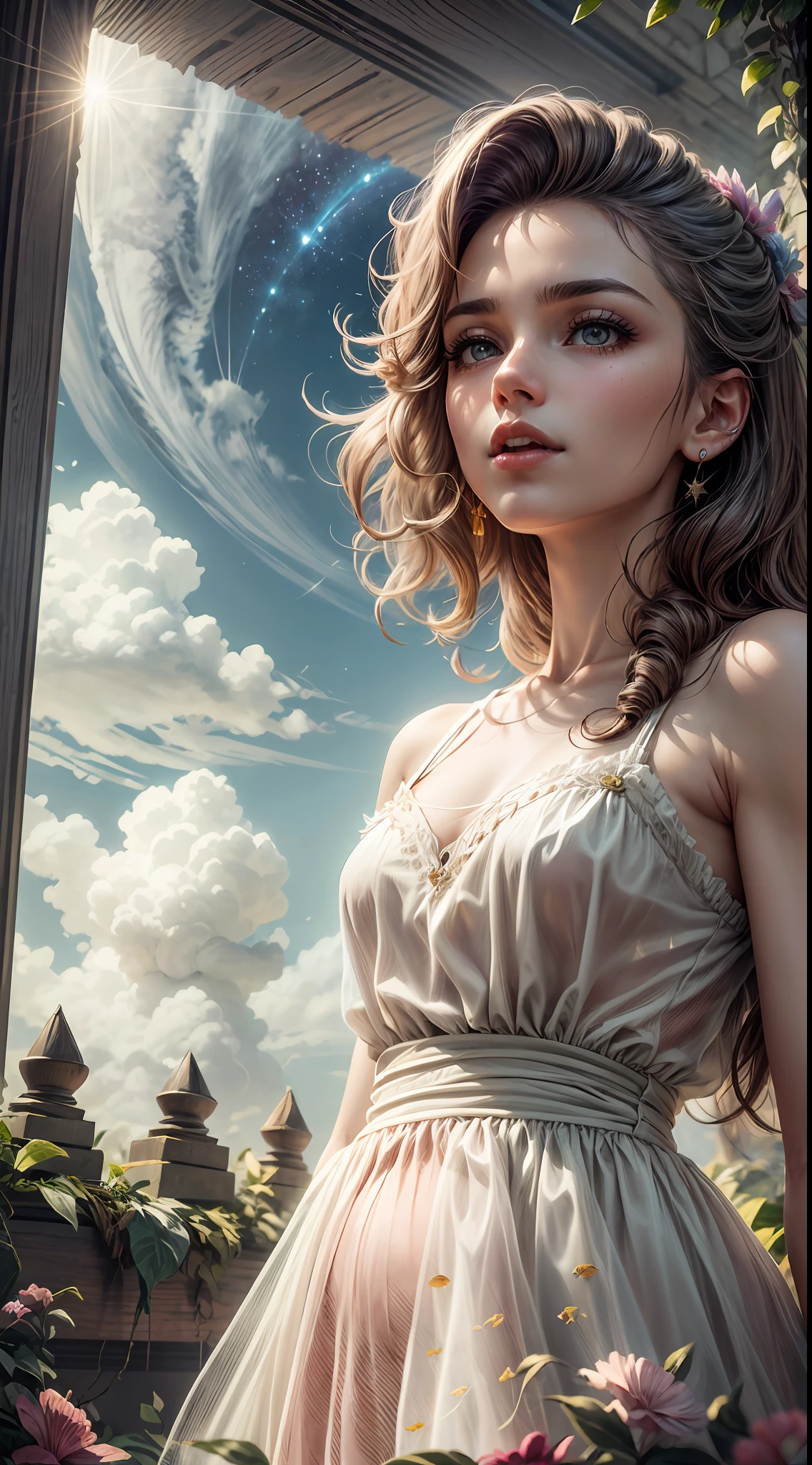Bela, obra prima, extremamente detalhado, melhor qualidade, best ilumination, melhor sombra, rosto perfeito, cores diversas, segurando a lua, starly sky, vestido solto leve, vento forte, cabelo voando com o vento, de costas para o expectador, Looking Up The Sky,