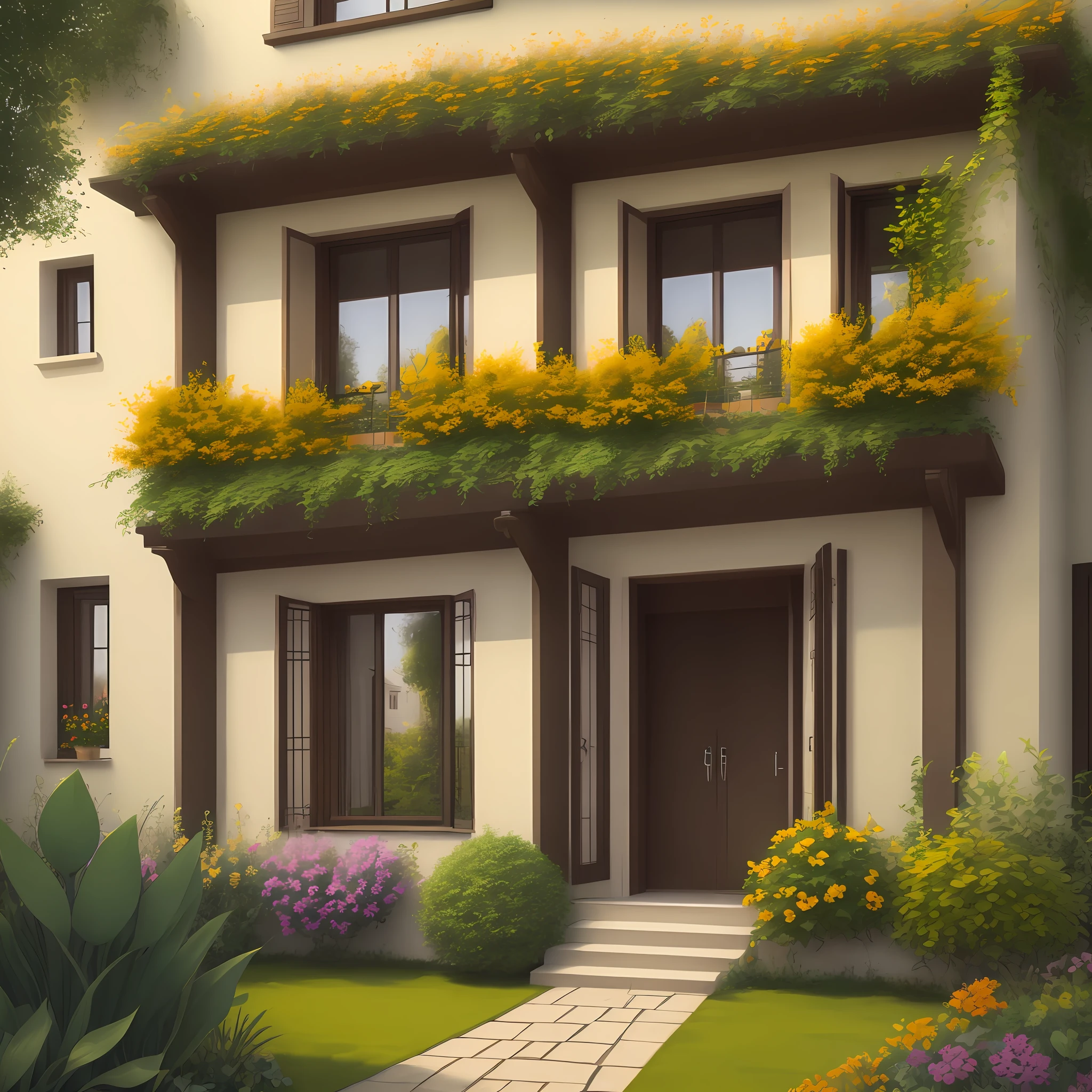 House of yellow color with two windows with beautiful garden with flowers of multiple colors varied
