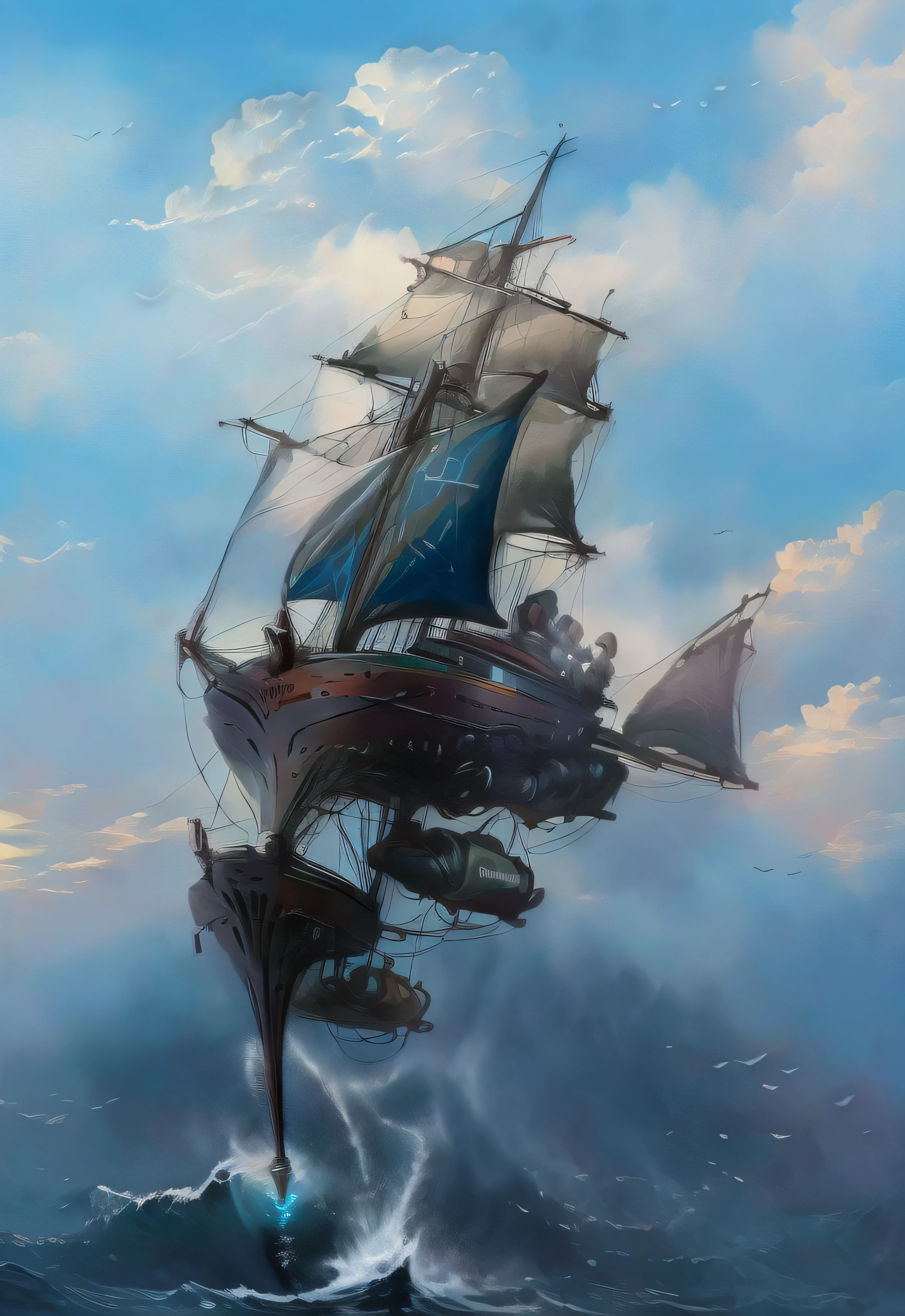 Super Velero con muchas velas volando entre las nubes iridiscentes y abajo el mar de color azul esmeralda muy encrespado con enormes olas amenazantes que intentan acercarse al barco