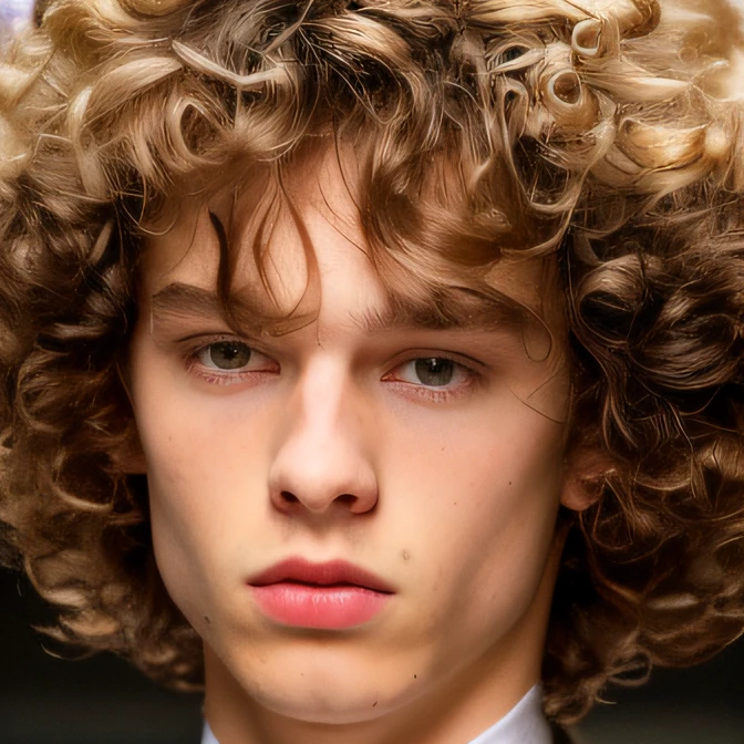 a close up of a man with a curly haircut on a runway, 1 7 - year - old boy thin face, pale skin curly blond hair, curly middle part haircut, trending photo, he has short curly brown hair, with haunted eyes and curly hair, flipped out hair, french facial features, boy thin face, very very curly blond hair, ugly look