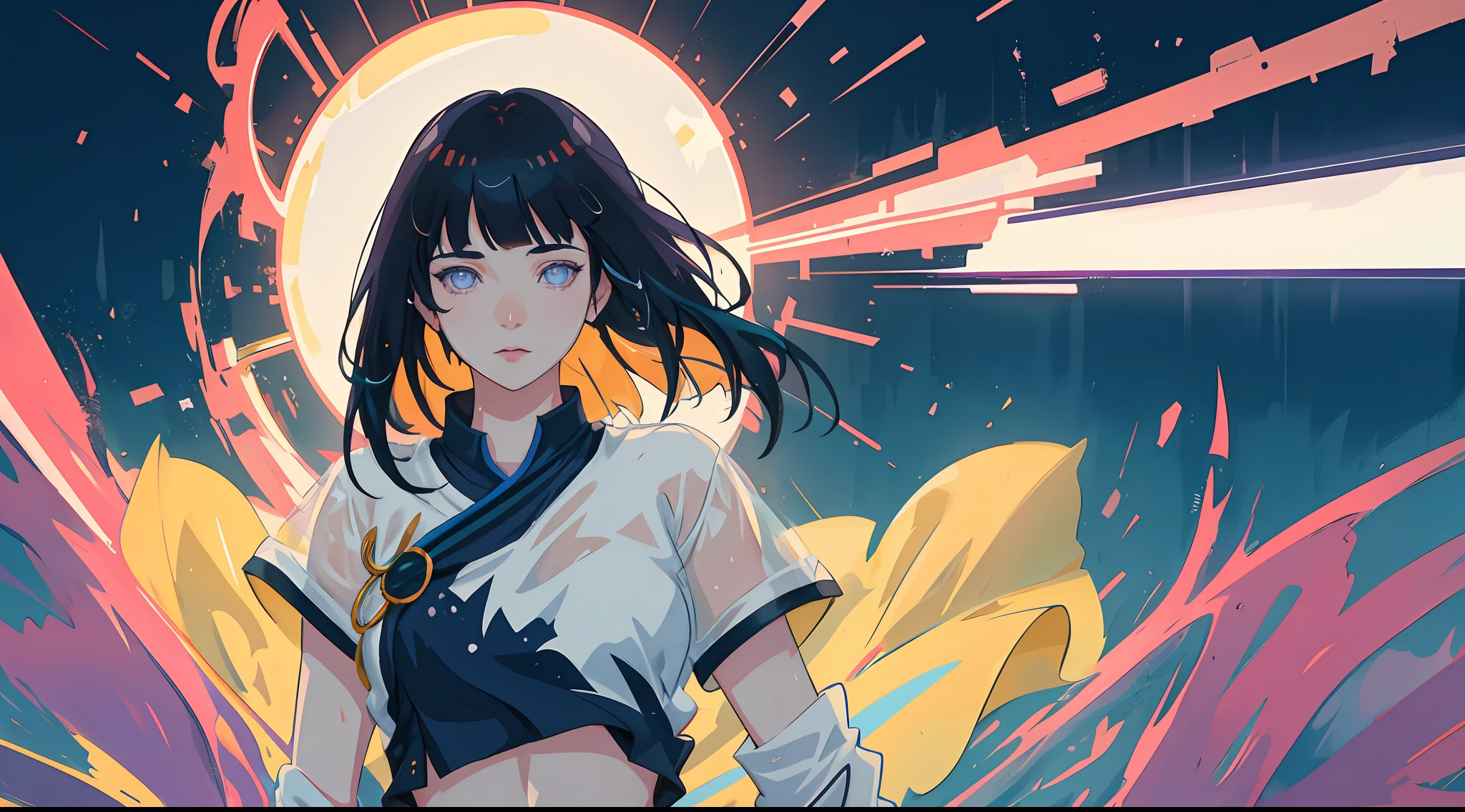 a handsome female, seductive, ((blunt bangs)) Pop star, idol, In the show, Attractive, Sexy Eyes, white shirt, short skirt, navy blue hair, tender, Young, Short hair, full - body, from league of legends, trend on artstation, Author: Rhodes, Andreas Rocha, rossdraws, makoto sinkai, Laurie Greasley, Lois van Baarle, Ilya Kuvshinov and Greg Rutkowski, violet eyes, (Long hair:1.3), wet and sheer bra, (tmasterpiece), (beste-Qualit), (overdetalization),(messy hair),(illustartion), (trendy clothes), stands, Model, looks at the viewer, (interview), (Simple background), beautiful detail eyes, Gentle beautiful face, soaring, (high saturation), (Colorful splashes), Colorful Bubble, (radiance), facial focus, (radiance), better lighting, better shadow, (tmasterpiece, hiquality, beste-Qualit),