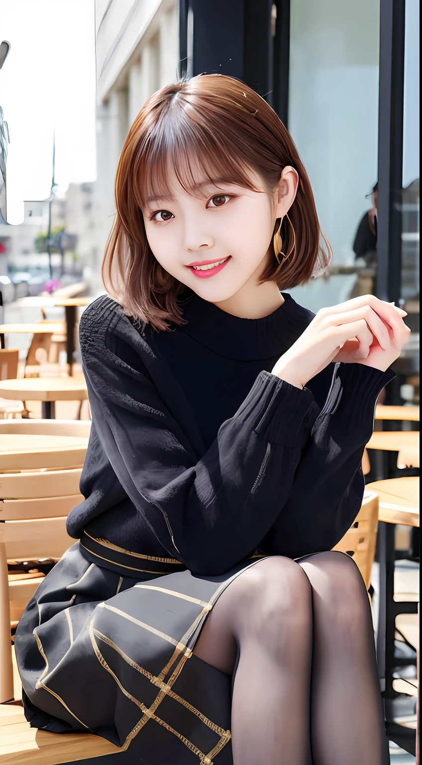 8k uhd, dslr,film grain, Fujifilm XT3,(best quality:1.3), (masterpiece:1.1), high resolution, cinematic light, intricate details, (photorealistic),outside,beautiful outside,sunny,
korean girl,(in cafe:1.5) , dimples, bobcut, looking at viewer, detailed trees, ribbons, bowties, bare shoulders, ribbed sweater, 
pencil skirt, high-waist skirt, head rest, sitting, indoors,
 necklace,black pantyhose, sheet transportation sweater, (smile),(full body:1.6),slender,