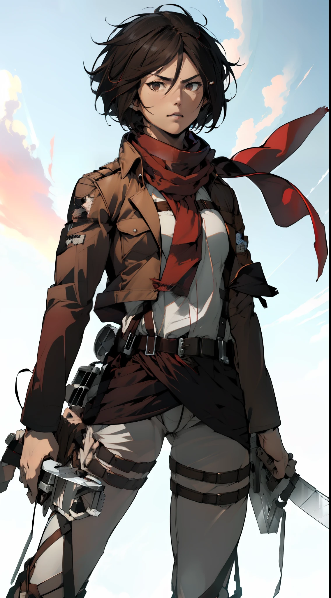 ((masterpiece, (best quality), highres, female (woman), hmmikasa, (short hair), (black eyes), scarf, emblem, belt, (thigh strap), (red scarf), (white pants), (brown jacket), (long sleeves), (holding weapon), sword, (dual wielding), (three-dimensional maneuver gear), (fighting stance), sky, 4k))