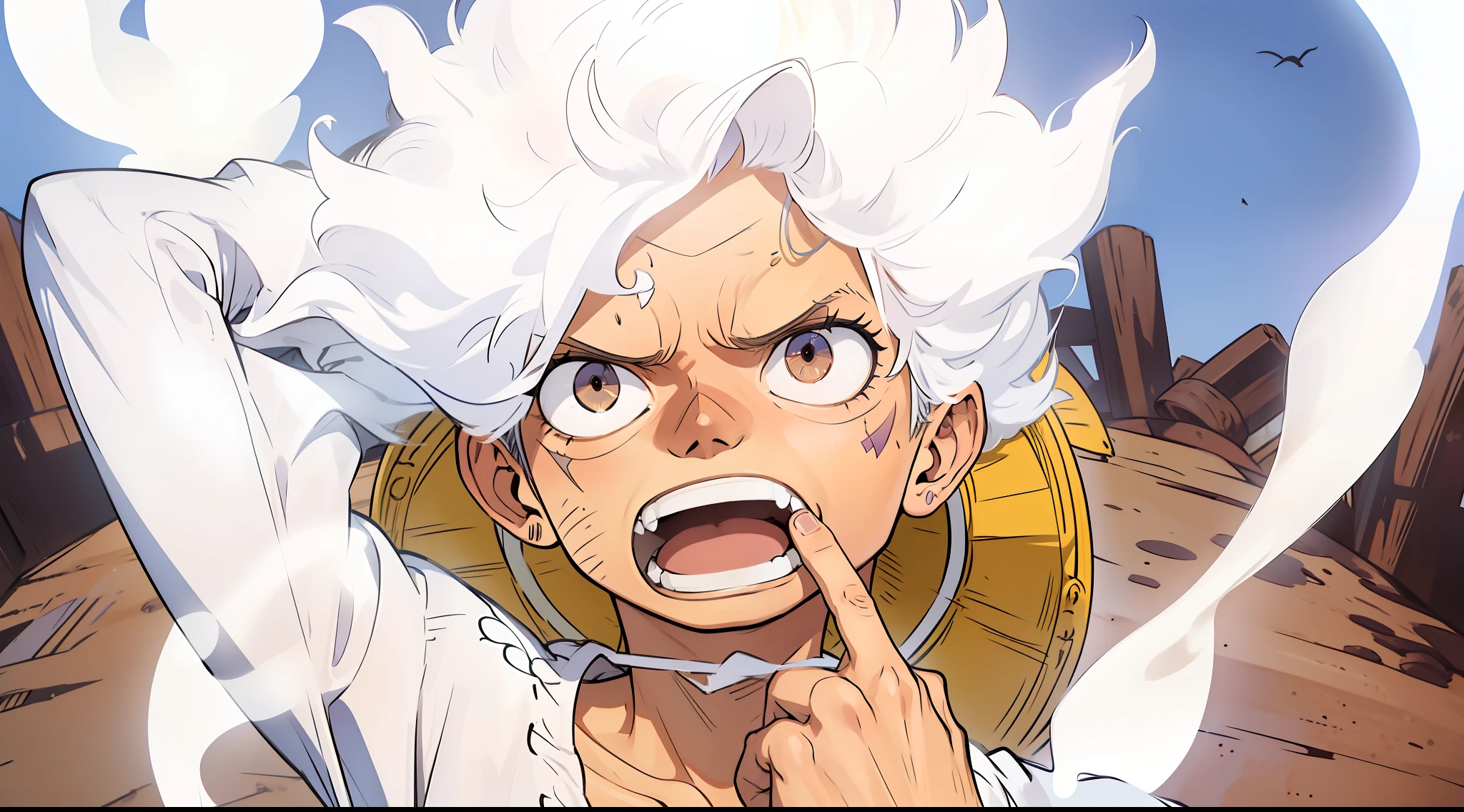 Macaco D Luffy, Engrenagem 5, quinta engrenagem, cicatriz no peito, abelo branco, sorrir, olhos fechados, Hand up