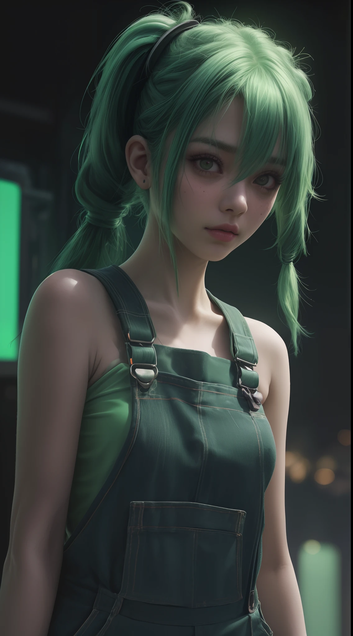 1 green-haired girl with overalls, pendurada em  um poste de luz , Looking at camera,Camera angle up close,Cabelo pigtails, seios grandes,,em uma cidade neon, (estilo cyberpunk) 8K Ultra realista