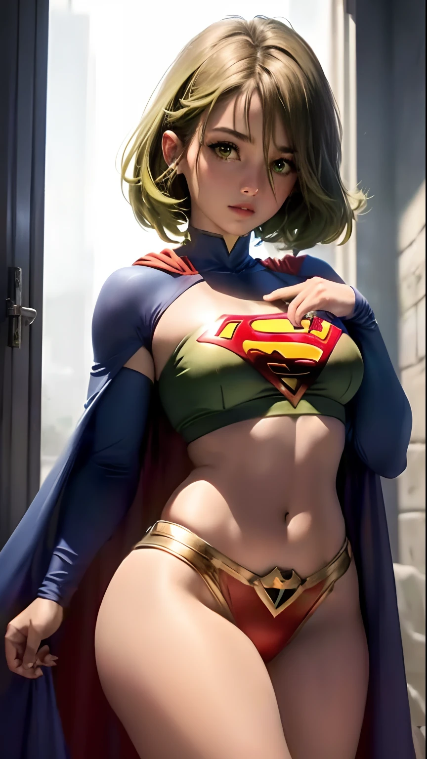 Supergirl's body defined thick thighs and cybernetic body parts, short underwear, (((morena com olhos verdes))), ((Superman S symbol on the chest)), ((short hair)), 1 girl