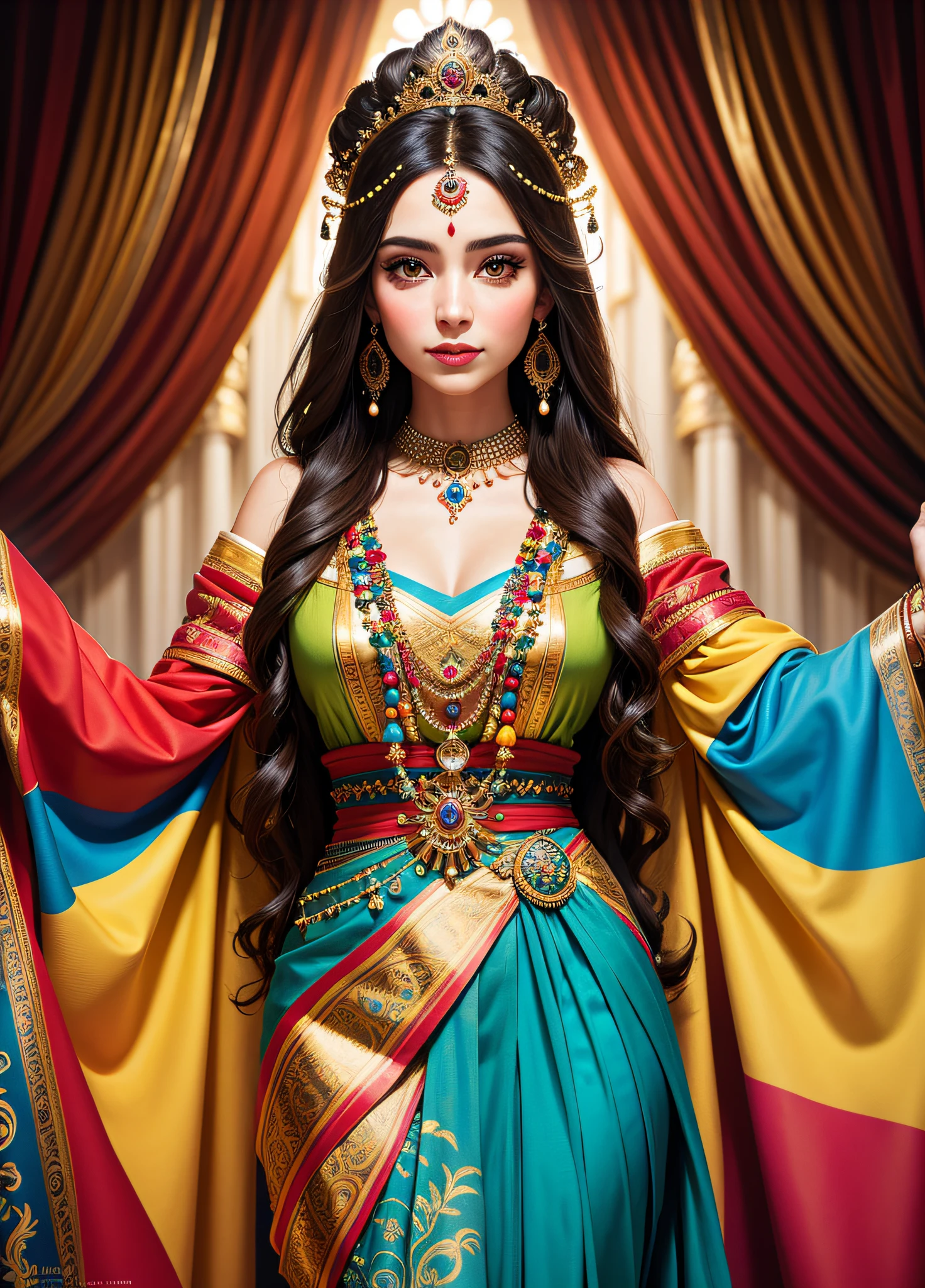 "Craft a vibrant and photorealistic image of a brunette goddess who embodies the rich heritage of Middle America. Her presence radiates with cultural significance as she stands adorned in a captivating attire that celebrates the traditions of her ancestry. The dress is a canvas of vivid colors, reflecting the diverse tapestry of Middle American culture. Her hair, a cascade of deep hues, frames her ethereal beauty. Utilize vibrant and contrasting colors to convey the dress's intricate patterns and textures. Employ studio lighting to enhance the goddess's regal aura, and render the scene in high resolution (8K) to capture every detail of her cultural essence."