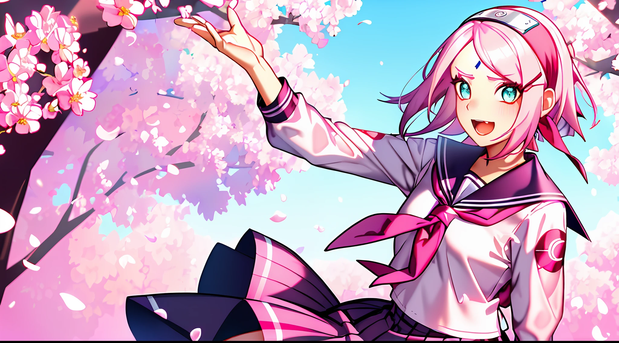 haruno sakura, naruto \(series\), naruto,

a 1girl, :D, alternate costume, Cyan eyes, cherry blossoms, shirt with collar, flower, from on the side, gray sailor's collar, grey skirt, flower for hair, Hair sleeves, hair ornament, head band, long sleeves, gaze at the viewer, neckerchief, opened mouth, pink flower, rose hair, pleated skirt, red headband, red neckerchief, sailor collar, sailor shirt, high school uniform, Shirt, Short Hair Hair, Upskirt, ssmile, 独奏, standingn,  whitebackground, white  shirt, ((tmasterpiece)), (tmasterpiece), (beste-Qualit), (overdetalization),(messy  hair),(illustartion), (trendy clothes), stands, Model, looks at the viewer, (interview), (Simple background), beautiful detail eyes, Gentle beautiful face, soaring, (high saturation), (Colorful splashes), Colorful Bubble, (radiance), facial focus, (radiance), better lighting, better shadow, (tmasterpiece, hiquality, beste-Qualit),