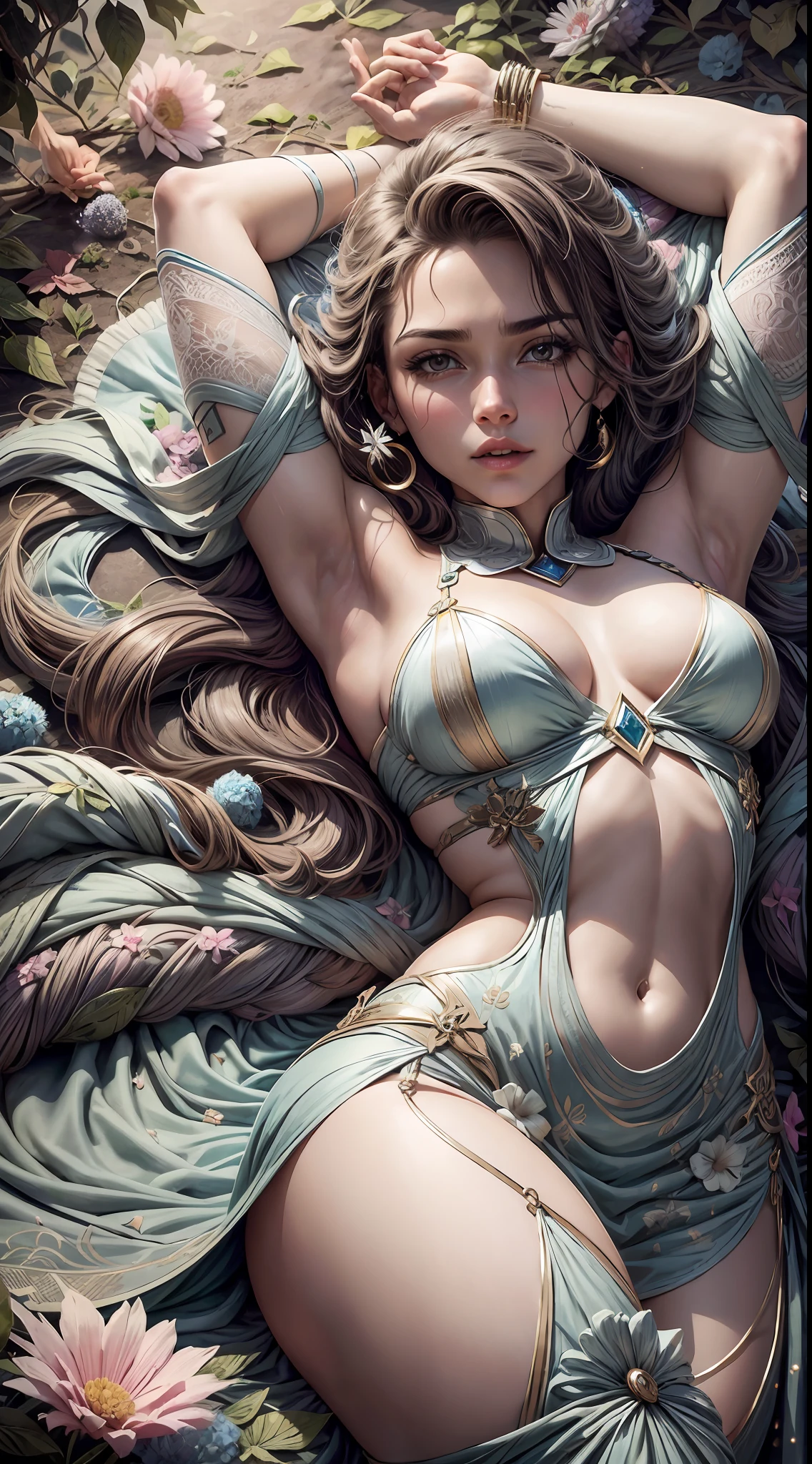 Bela, obra prima, extremamente detalhado, melhor qualidade, best ilumination, melhor sombra, rosto perfeito, cores diversas, segurando a lua, starly sky, vestido solto leve, vendaval, cabelo voando com o vento, lying with a sensual pose looking at the spectator, raised arms,