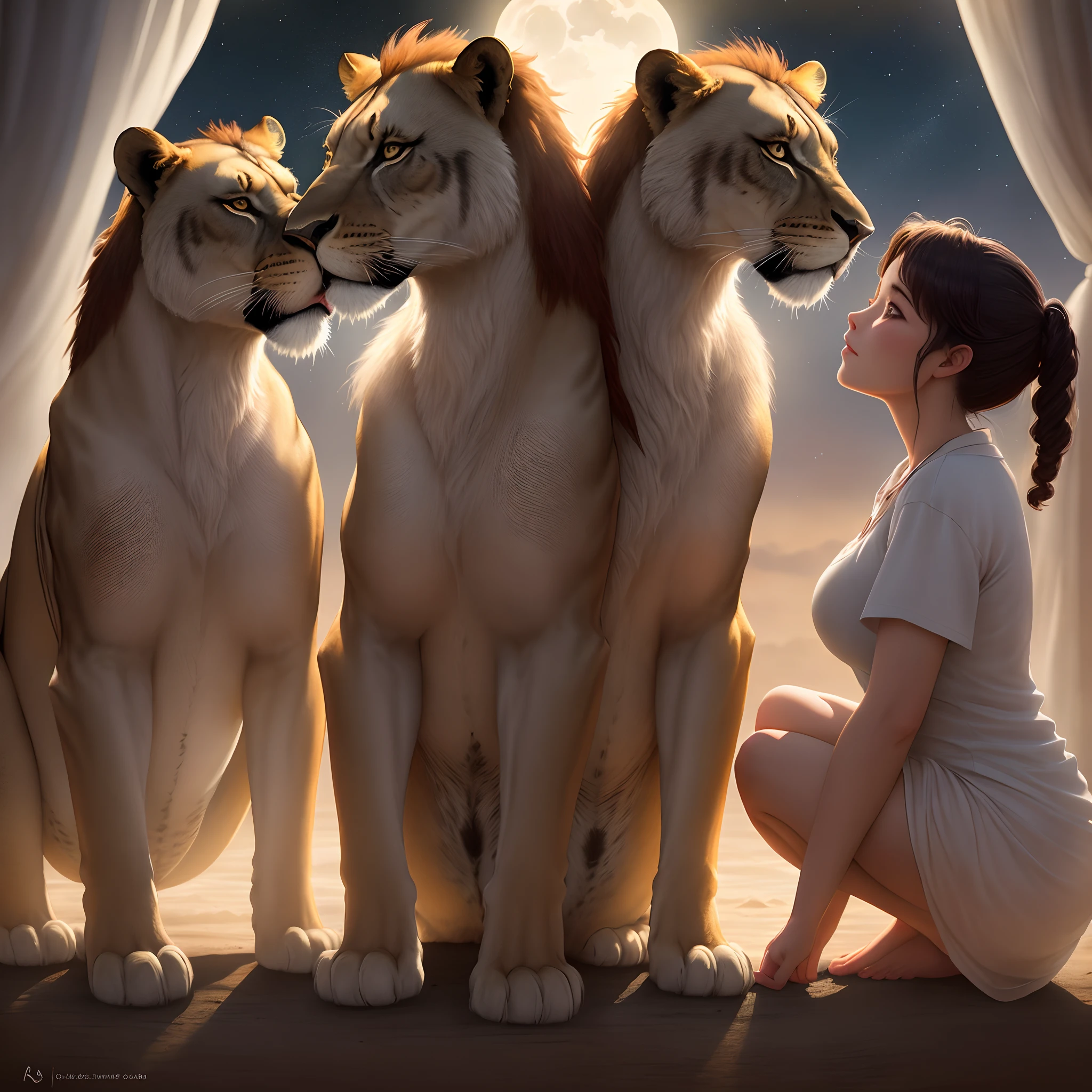"Two cute little lion cubs petting their beautiful young mother, Lioness, Hyper-realistic illustration on a white background, tmasterpiece, all the most beautiful"
