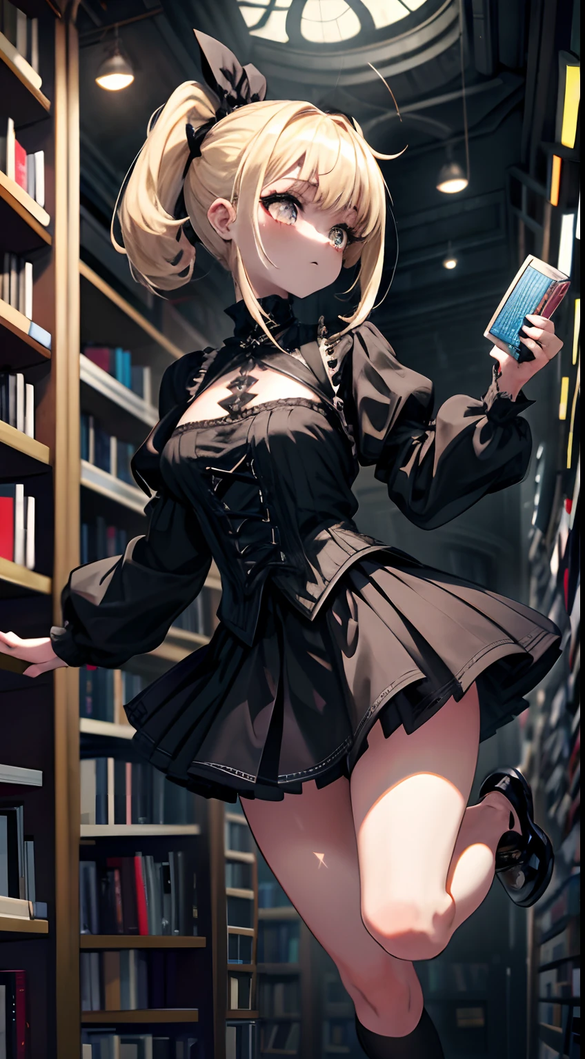 1girll, Gothic core, Cottage core, Sexy, Miniskirt, Heavy legs and bouncing, Blonde, pony tails, Skin products, In a bookstore, Intricate details, Full-body long-range shot, Hyper-Resolution