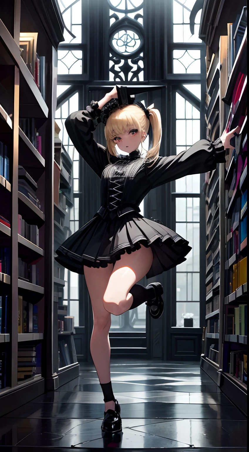 1girll, Gothic core, Cottage core, Sexy, Miniskirt, Heavy legs and bouncing, Blonde, pony tails, Skin products, In a bookstore, Intricate details, Full-body long-range shot, Hyper-Resolution