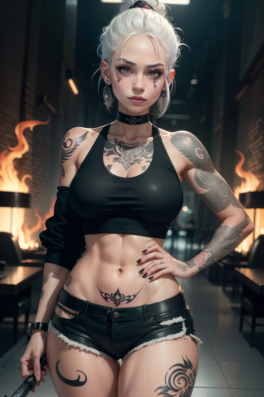 ((One woman)), UHD, high detail, high quality, super detail, ultra-fine illustration, 16k,Ghibli, gray hair, big eyes, long eyelashes, very long eyelashes, ethnic tattoos, (tattoos that cover the entire body), ((lots of tattoos)), tattoos on the chest, tattoos on arms, tattoos on fingers, (tattoos all over the chest), beautiful features, neutral facial features, (short hair) tattoo, solo, red eyes, white hair, curly hair in bun, black tight sweater, black jean shorts, choker, tattoos on thighs, lip piercing, (left hand has fire in palms right hand holding sword on hip), goth, sexy body, flirty personality, 8k, highly detailed. full body portrait, tattoos circling the thighs, ear piercing,