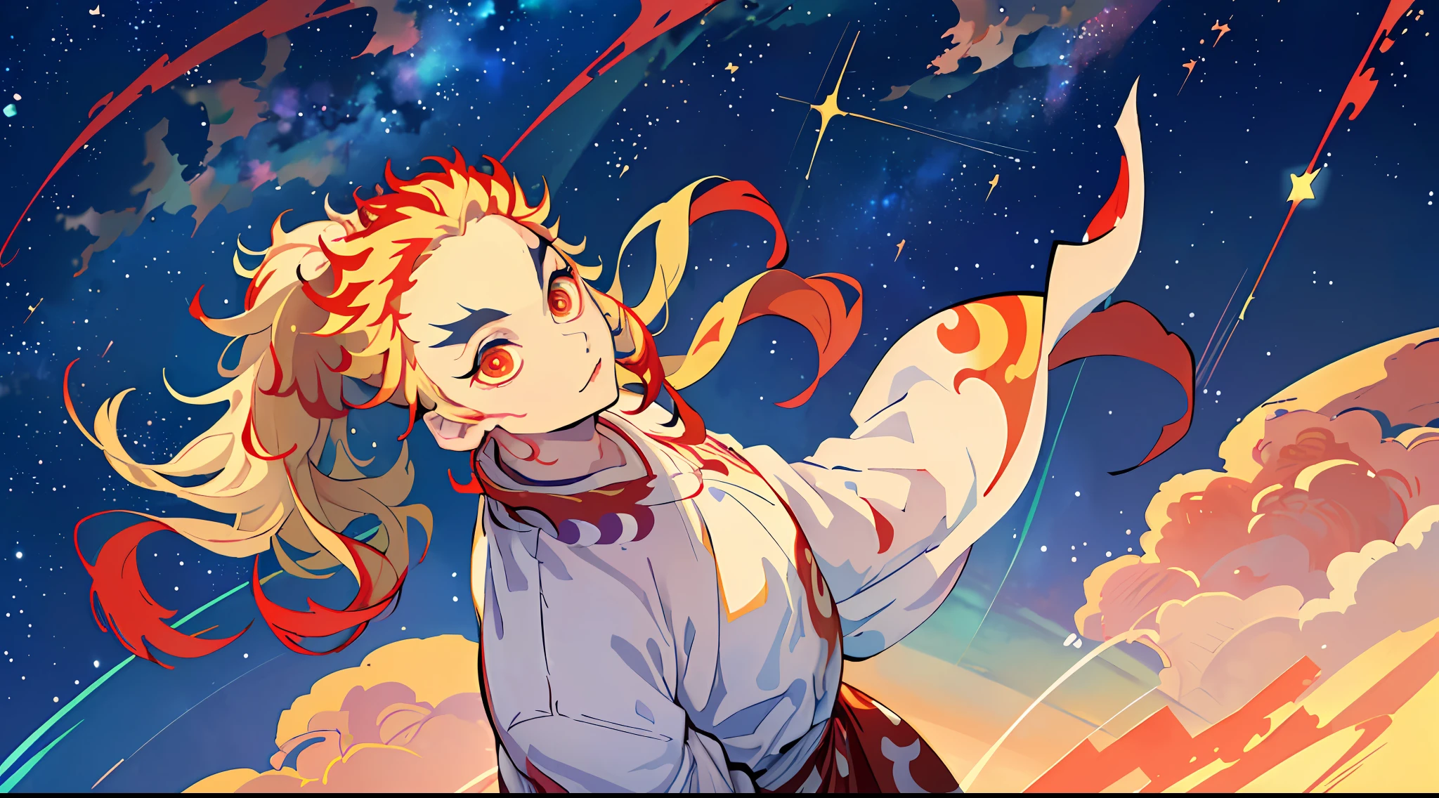 (Masterpiece, Best Quality:1.2), Cowboy shot, 独奏, male focus, 1 adult boy, Rengoku Kyojuro, ssmile, looking a viewer,  Long hair, high ponytail, Split eyebrows, white kimono with red print, full length, (((looking up at the sky))), (((Starry sky))), flower field, With arms outstretched to the sides, 
(Masterpiece, Best Quality:1.2), Cowboy shot, 独奏, male focus, 1 adult boy, Rengoku Kyojuro, ssmile, looking a viewer, hairlong, high ponytail, Split eyebrows, white kimono with red print, full length, (((looking up at the sky))), (((Starry sky))), flower field, (tmasterpiece), (beste-Qualit), (overdetalization),(messy  hair),(illustartion), (trendy clothes), stands, Model, looks at the viewer, (interview), (Simple background), beautiful detail eyes, Gentle beautiful face, soaring, (high saturation), (Colorful splashes), Colorful Bubble, (radiance), facial focus, (radiance), better lighting, better shadow, (tmasterpiece, hiquality, beste-Qualit),