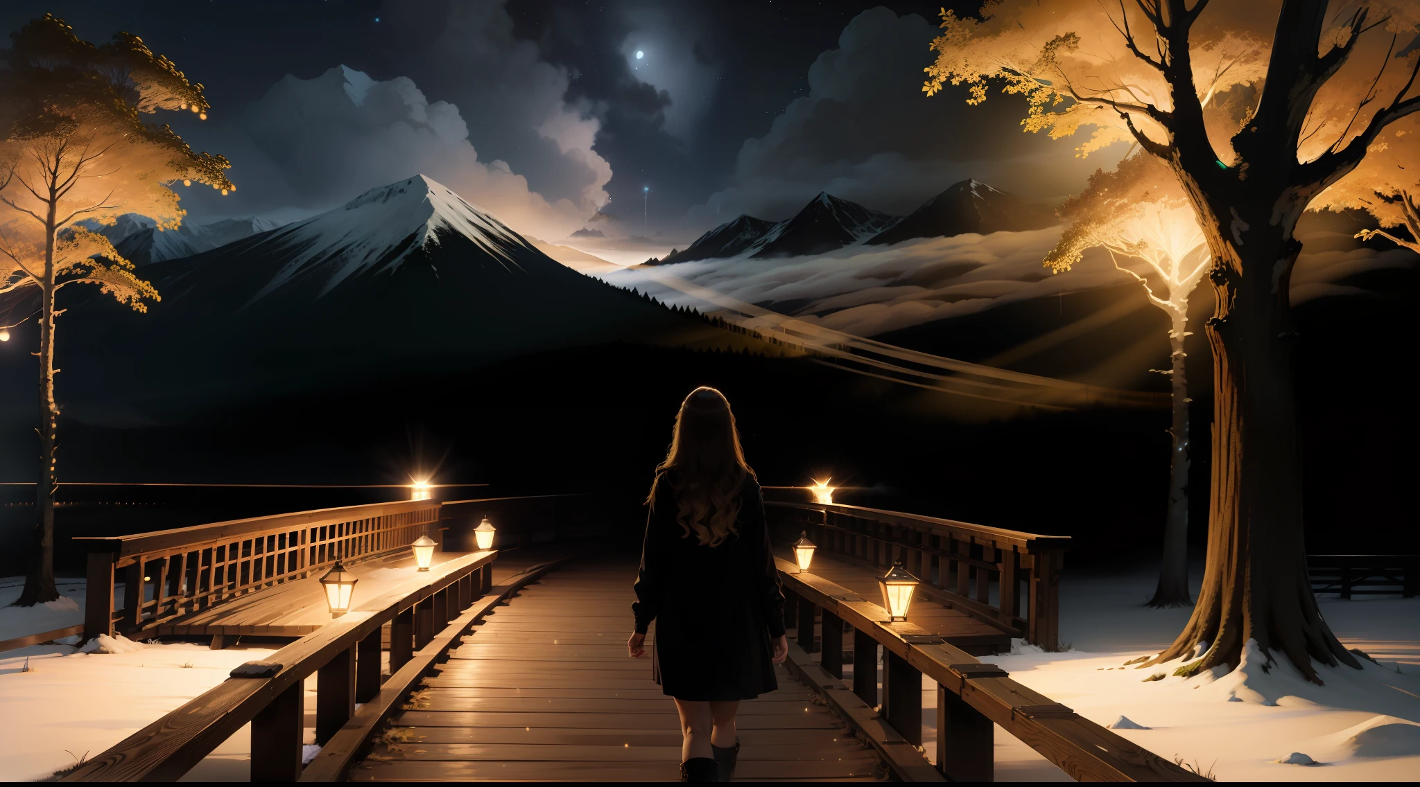 a forest at night with a large wooden bridge between the trees and the mountains, a bright moon in the sky and fireflies and lights among the trees and a mist on the ground with a long-haired woman walking over the bridge