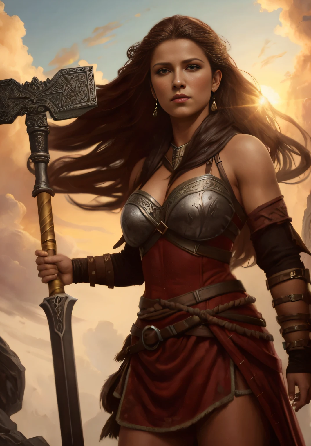 Woman in barbaric clothes, saiote, segurando um martelo de combate grande ao por do sol, barbarian warrior woman, female warrior, fantasy barbarian woman, mulher guerreira, linda guerreira, very beautiful female barbarian, uma bela mulher guerreira, barbarian woman, fantasy epic digital art, mulher guerreira, mulher da fantasia, Pintura digital de fantasia, guerreiro da fantasia, Pintura digital, Pintura digital rendering, saiote, sem capa e sem vestido longo, rochas, por do sol, nuvens de fim de arte, Tuomas Korpi e Wlop, Pintura digital, Aquarela, Pintura uniforme, renderizar Pintura digital, bela mulher, corpo inteiro, Dwarf battle hammer, corrigir cor