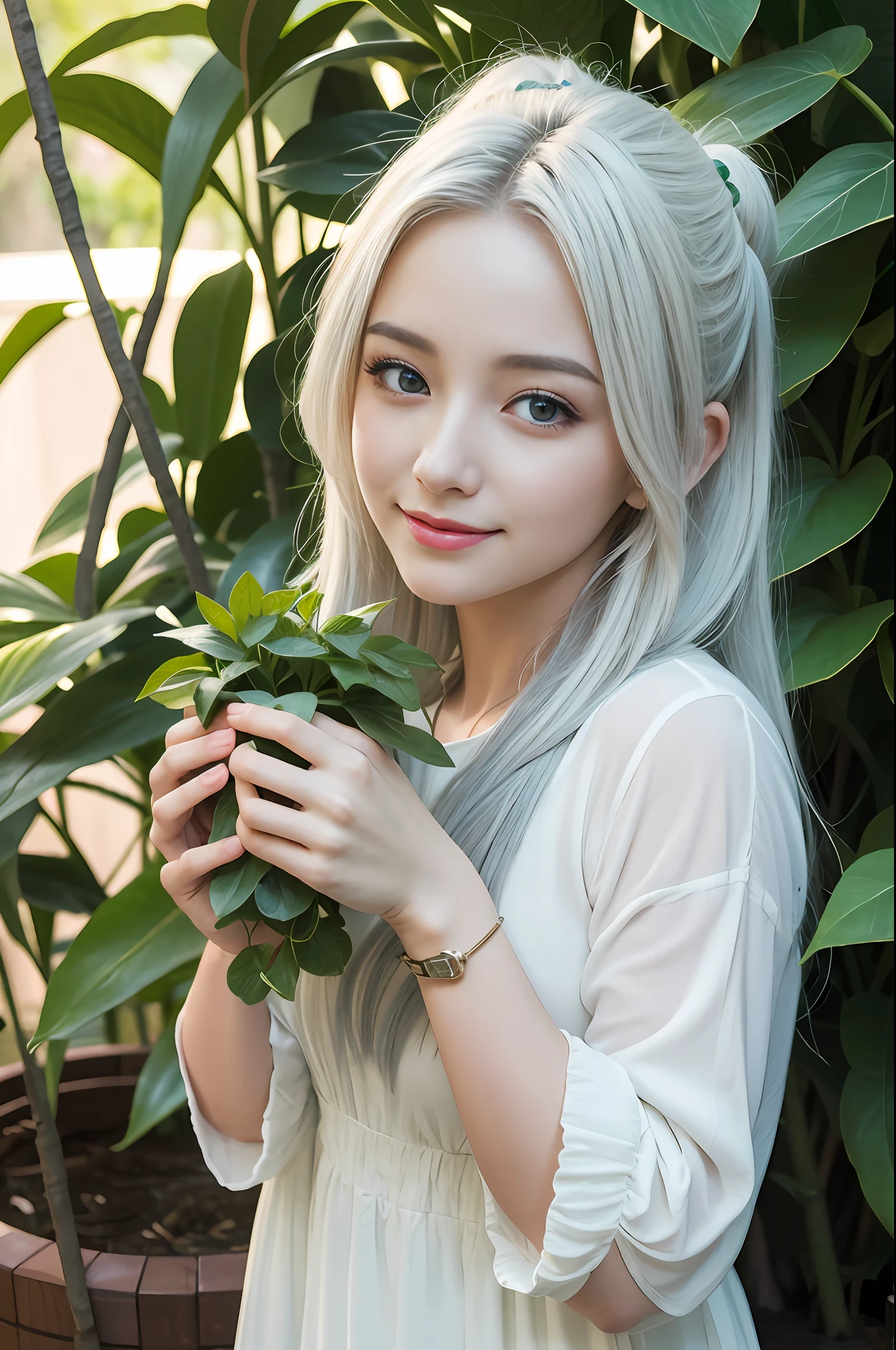 (8K), (Best Quality: 1.2), (Realistic), (Photorealistic: 1.37), Ultra Detailed, (Kissing), One Girl, Cute, Smile, Long Hair, Green Plants, Beautiful Eyes in Detail, Beautiful Nose, Full Body, Big, Darcefo, Pig's Nest, Women, White Hair