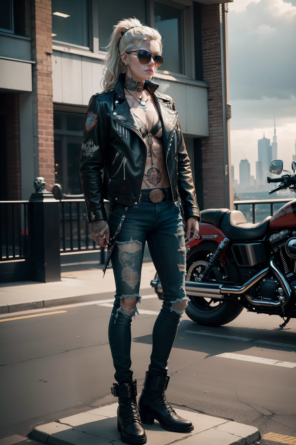 A Harley Davidson motorcycle by the Statue of Liberty, a rocker atop, tattooed and clad in a leather jacket and sunglasses, the motorcycle's paint job featuring flames and skulls, the Statue of Liberty appearing as a symbol of freedom, the rocker's tattoos showcasing a mix of traditional and modern designs, the leather jacket looking worn and well-loved, the sunglasses adding a touch of attitude, the scene unfolding on a rainy day, the atmosphere filled with a sense of adventure and defiance, Sculpture, created using mixed media materials including metal, leather, and glass, --ar 1:1 --v 5