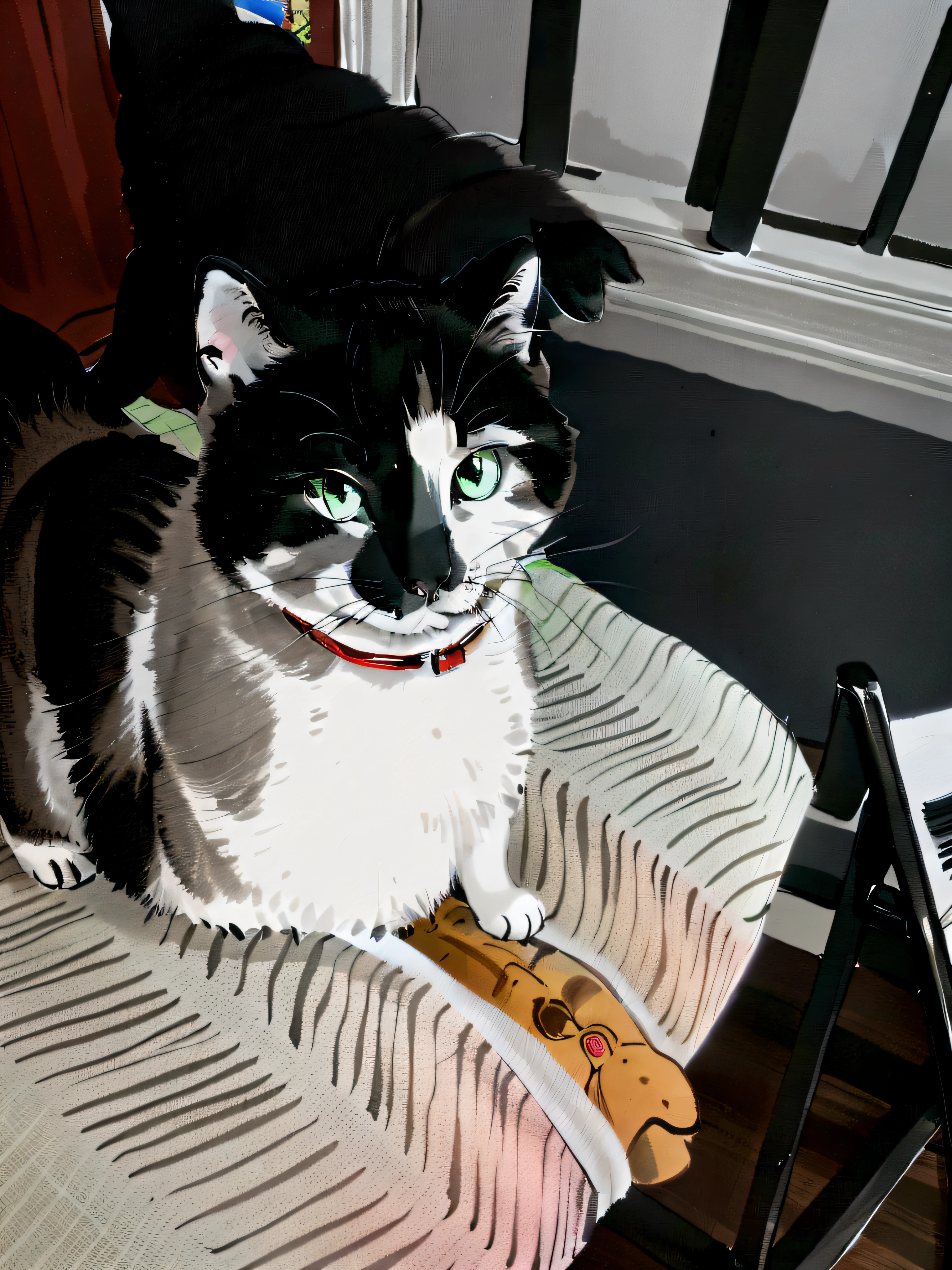 there is a cat that is sitting on a chair with a stuffed animal, cat. digital painting, detailed portrait shot, cat [ playing a piano ], painting of a cat, cat portrait painting, a painting of a cat, digitally painted, in a painting of a cat, detailed portrait, illustration of a cat, cat portrait, drawn with photoshop, a digital painting