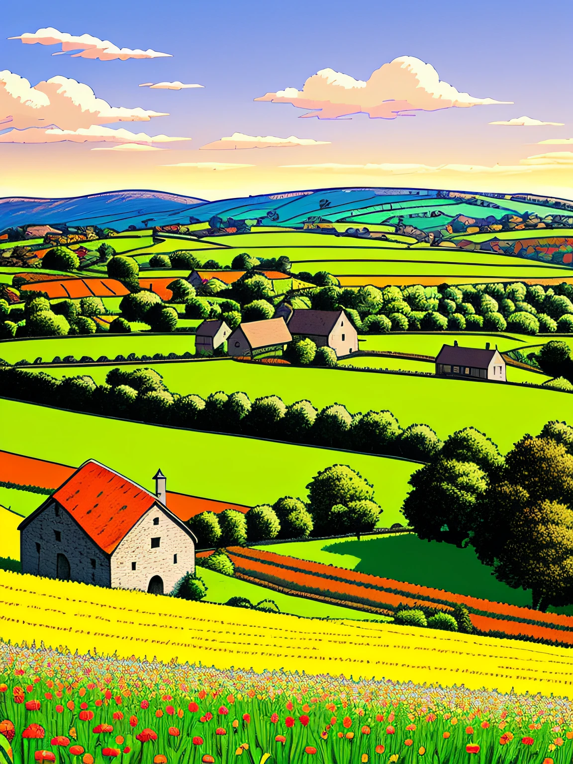 Line art in warm colours, one old medieval French stone barn with a grey slate roof, in a field, summer, sunny afternoon, (ligne claire, strong lines, no hatching), in the style of Franco-Belgian comics, in the style of fantasy comics, by Edgar P. Jacobs, by Herge, by Jacques Martin