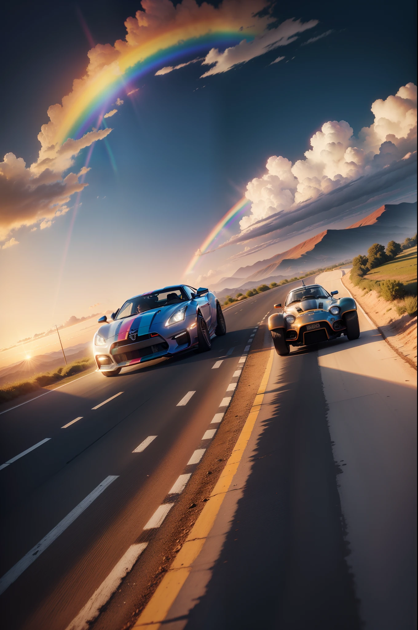 Image of a Lamburgine and a GTR with a rainbow in the background, rainbow road, 🪔 🎨;🌞🌄, masterpiece epic retrowave art, Octane CGsociety, 🐋 as 🐘 as 🤖 as 👽 as 🐳, Epic retrowave art, 🚀🌈🤩, just one rainbow 8 k, octane render a lonely rainbow, rodovia colorida