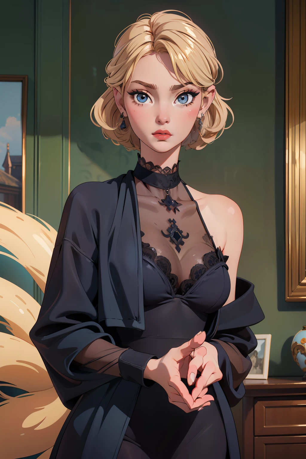 {{Masterpiece}},1fille,seulement, poitrine, oreilles pointues, Haut du corps, cheveux blonds,Regarder le spectateur, lips parted,clavicule, Luxurious home interior in the background, ((debout dans son salon luxueux)), bare shoulders, brassard, tresser, (Vintage black evening dress),((jacket on the shoulders)), clivage, seins moyens, taupe sous les yeux, Ahoge, minora, taupe, sans manches, Brillant, ear piercing, Onze,joaillerie,earrings,frange,{{Best quality}},(Ultra-detailed), {{Highly detailed anime face}}, {{beautifully detailed face}}, {{cheveux lisses et beaux}},beautiful detailed eyes, illustration, An extremely detailed and delicate environment,(Extremely detailed illustrations),(Danse Kitsune),8k wallpaper,Photo brute, Medium-complete plane of the stunning, ((Young Korean blonde posing seductively in careless black lace)), Soft afternoon sun illuminating its delicate features, ((4k UHD)), DSLR, Natural-looking lighting, ((highly quality)), Canon EOS R5