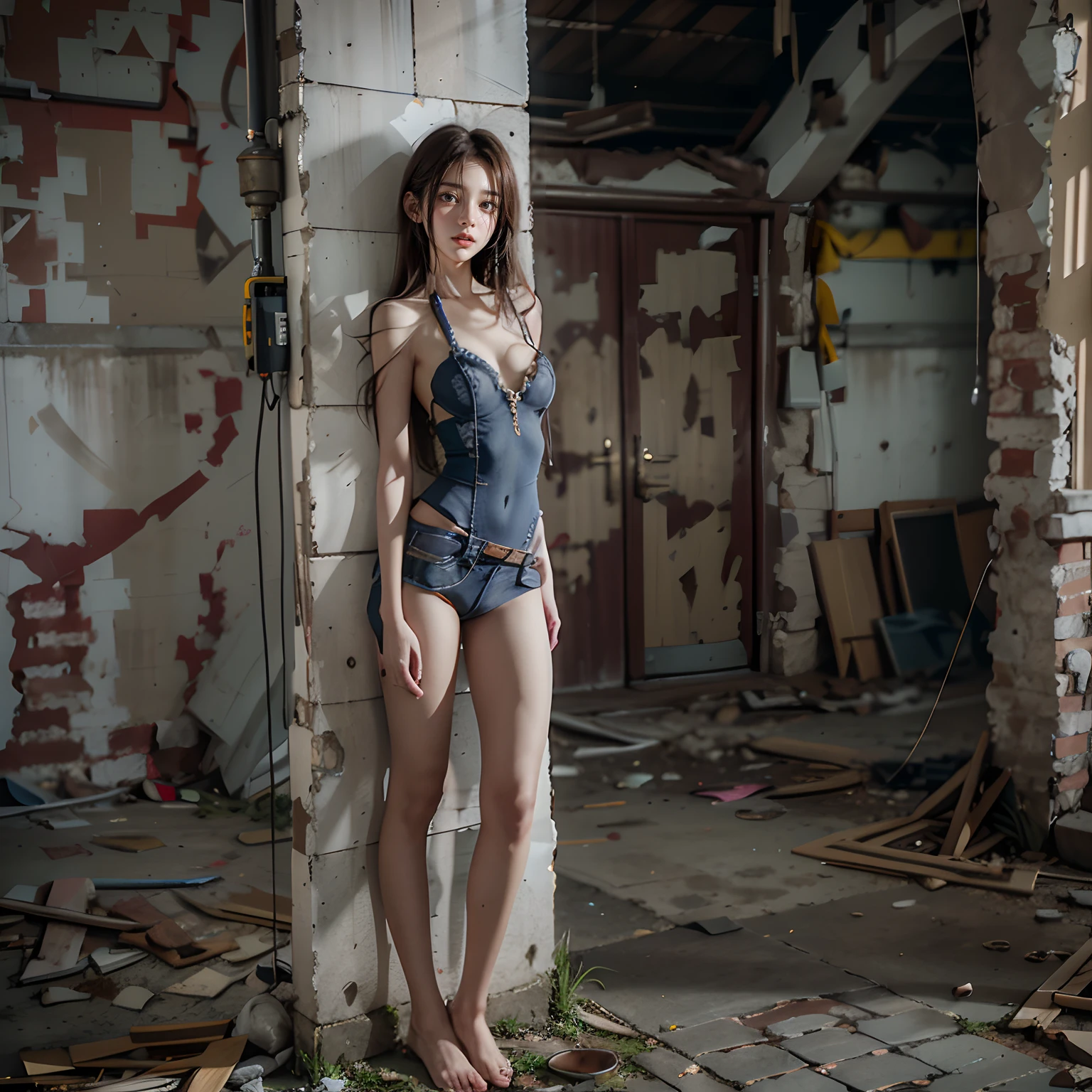 abandoned building,Sexy standing pose,full-body portraits(1:1),18 years old girls,Slender and slender figure,Skinny,As thin as a whipping post,Smaller bust,The barefoot,Random nudity all over the body,exhibitionists,Random exposure of genitals,face to the viewer