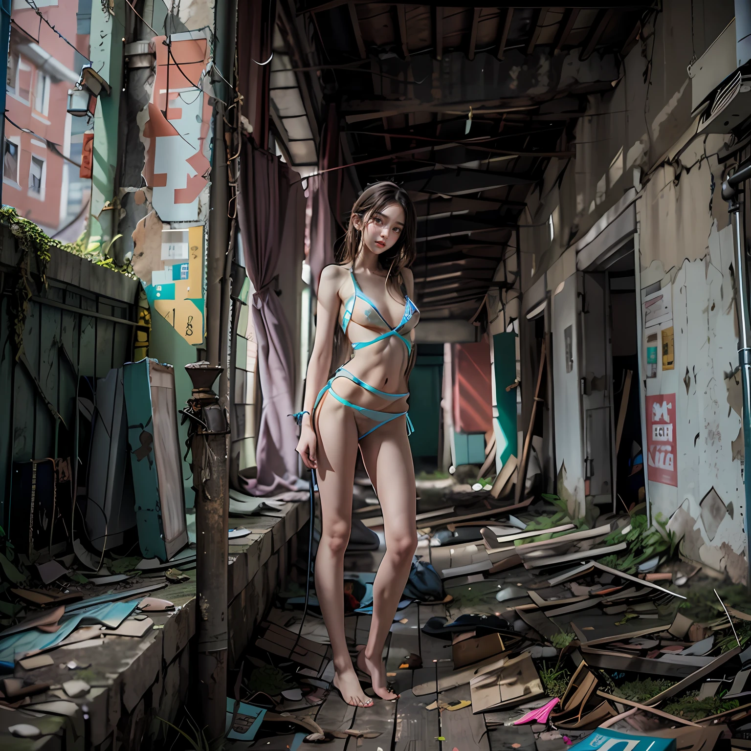 abandoned building,Sexy standing pose,full-body portraits(1:1),18 years old girls,Slender and slender figure,Skinny,As thin as a whipping post,Smaller bust,The barefoot,Random nudity all over the body,exhibitionists,Random exposure of genitals,face to the viewer