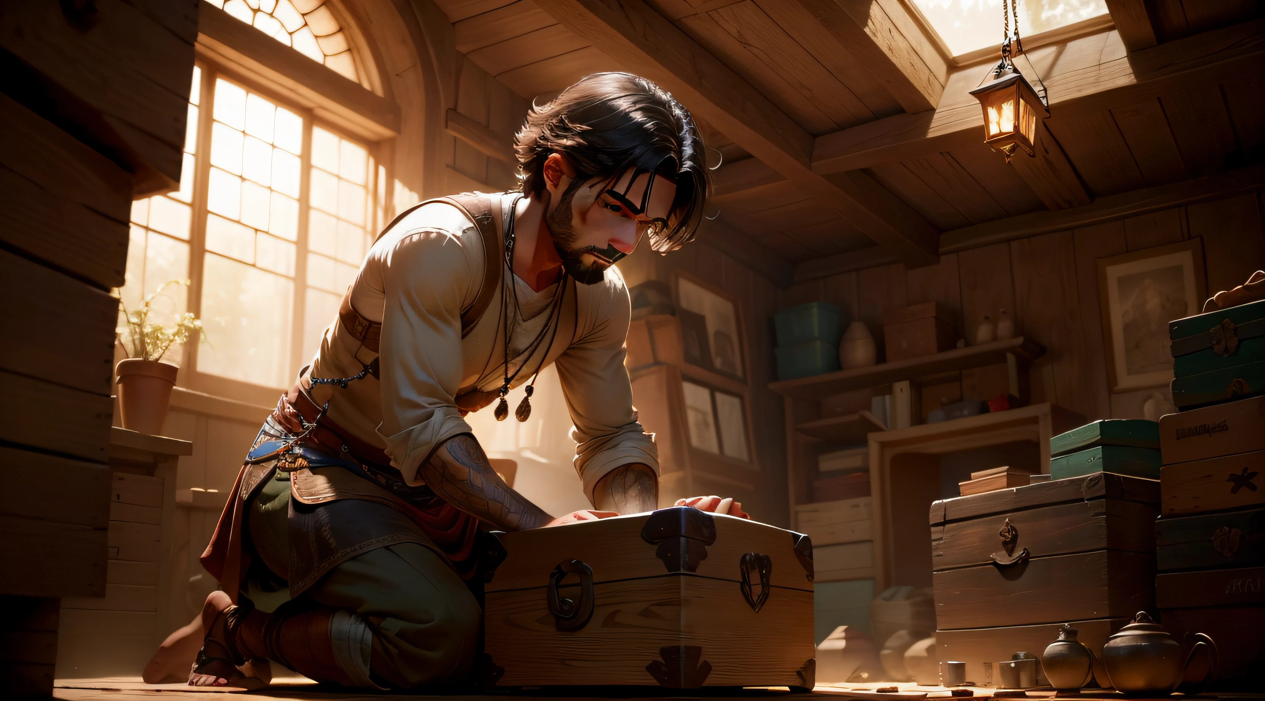 A dimly lit attic filled with old trunks and dusty artifacts. In the center, Amir kneels beside a worn wooden box, his eyes widening as he lifts a gleaming amulet from its depths. Sunlight streams through a cracked window, casting a warm glow on his astonished face.