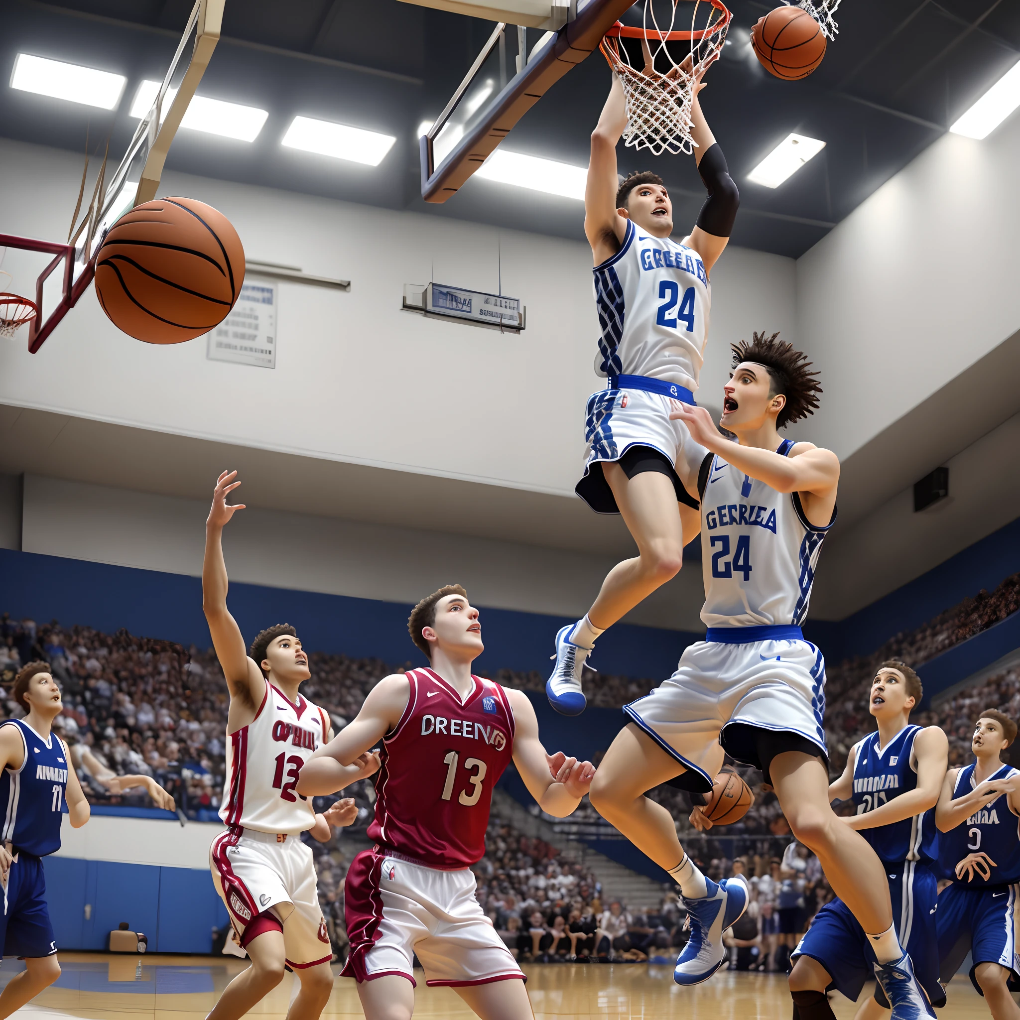 Greece gods playing basketball basketball 
buried dunk