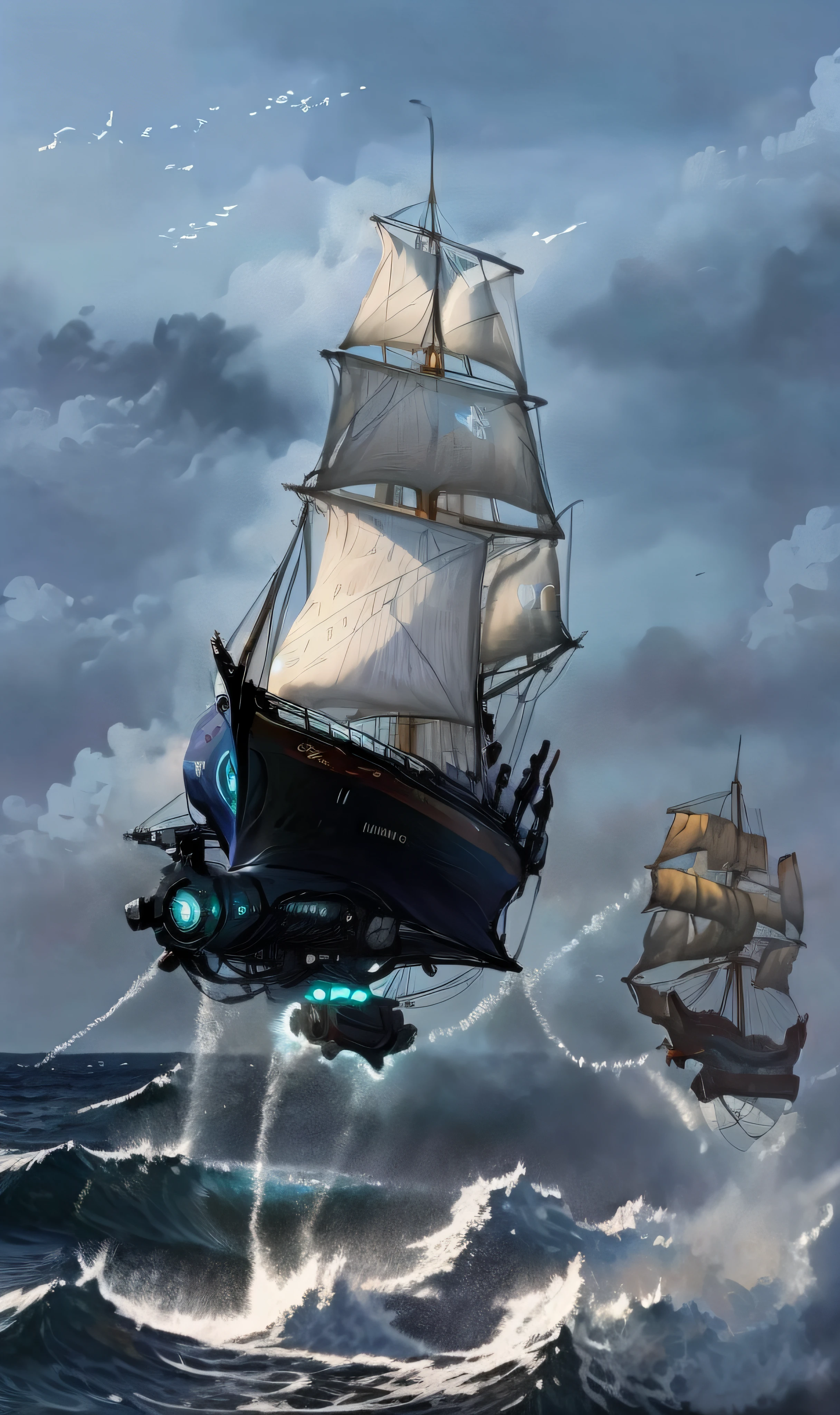Super Velero con muchas velas volando entre las nubes iridiscentes y abajo el mar de color azul esmeralda muy encrespado con enormes olas amenazantes que intentan atrapar el barco
