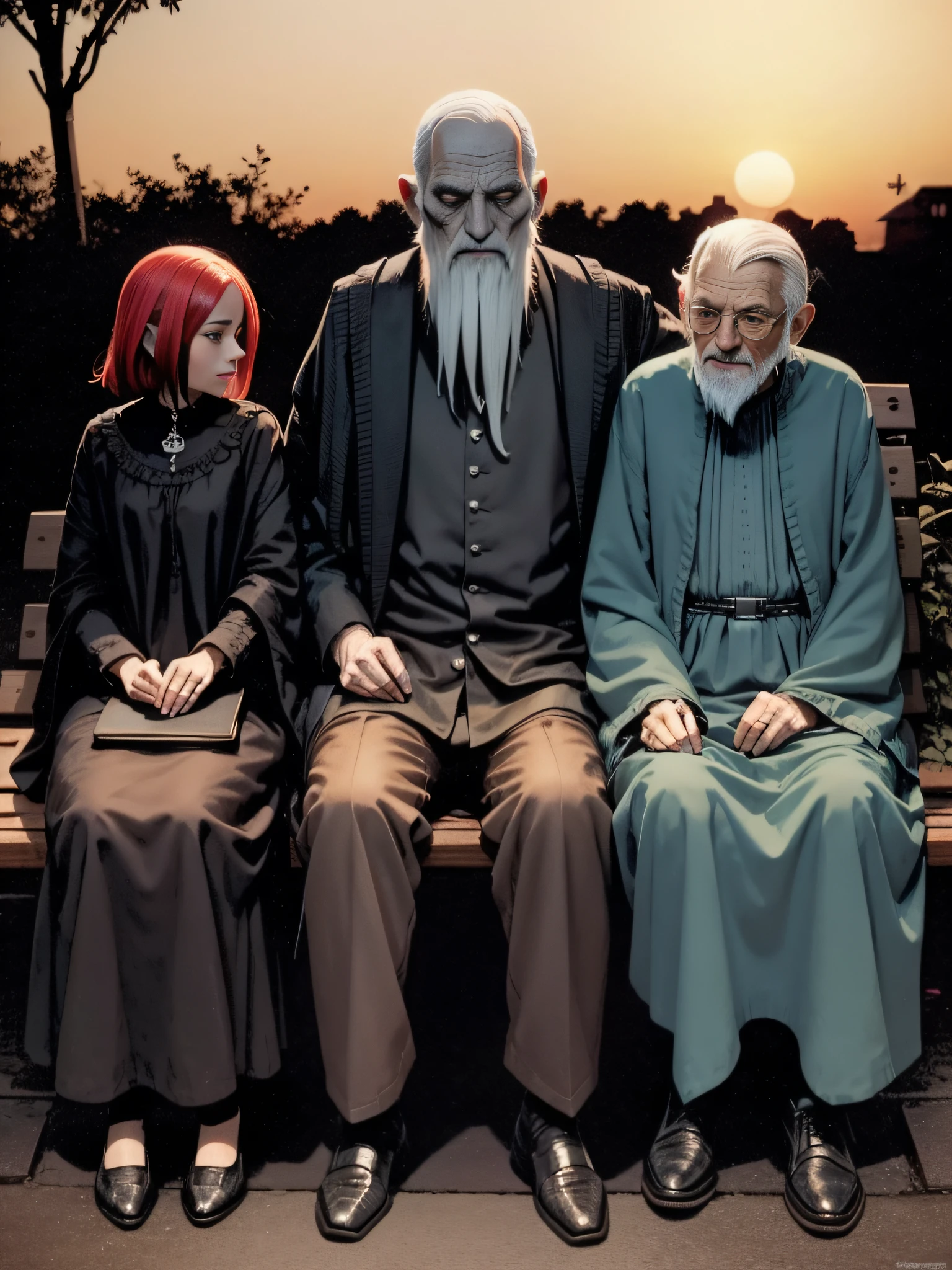 Style of Gris Grimly, illustration style, concept art, old man and old woman sit on bench at sunset