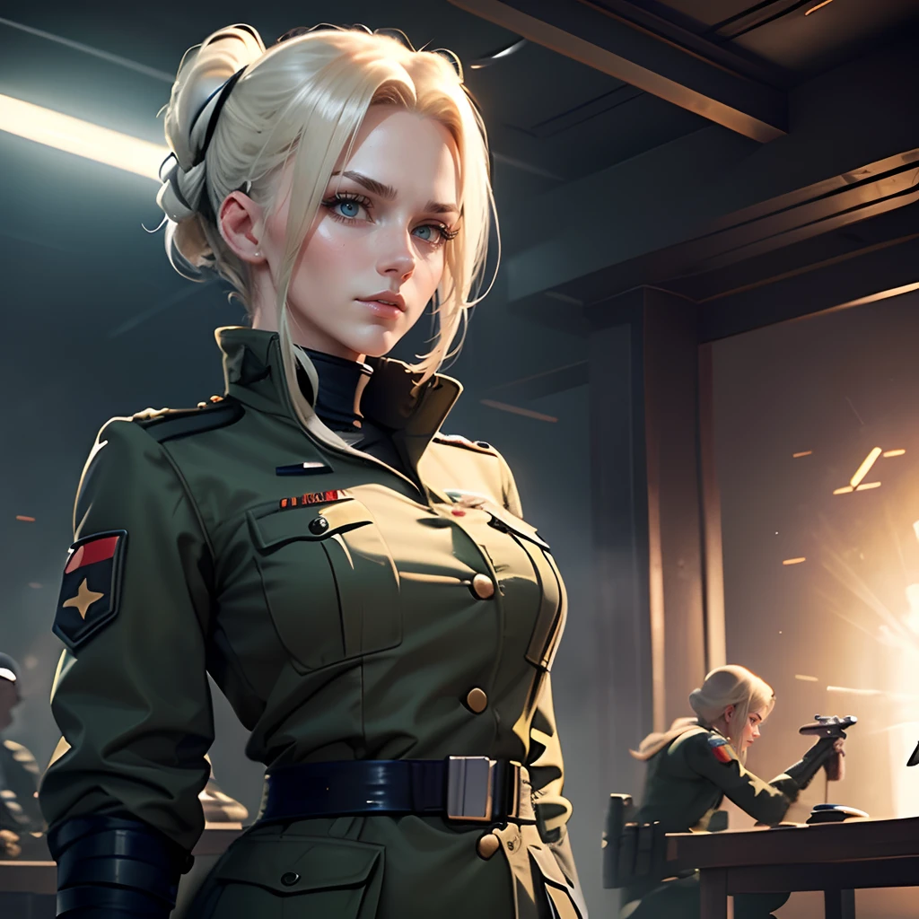 (master part, 8k) , Woman in German military clothes, cabelo de verdade, cybernetic arms, ((Advanced Battlefield Advanced)) cabelos verdes,