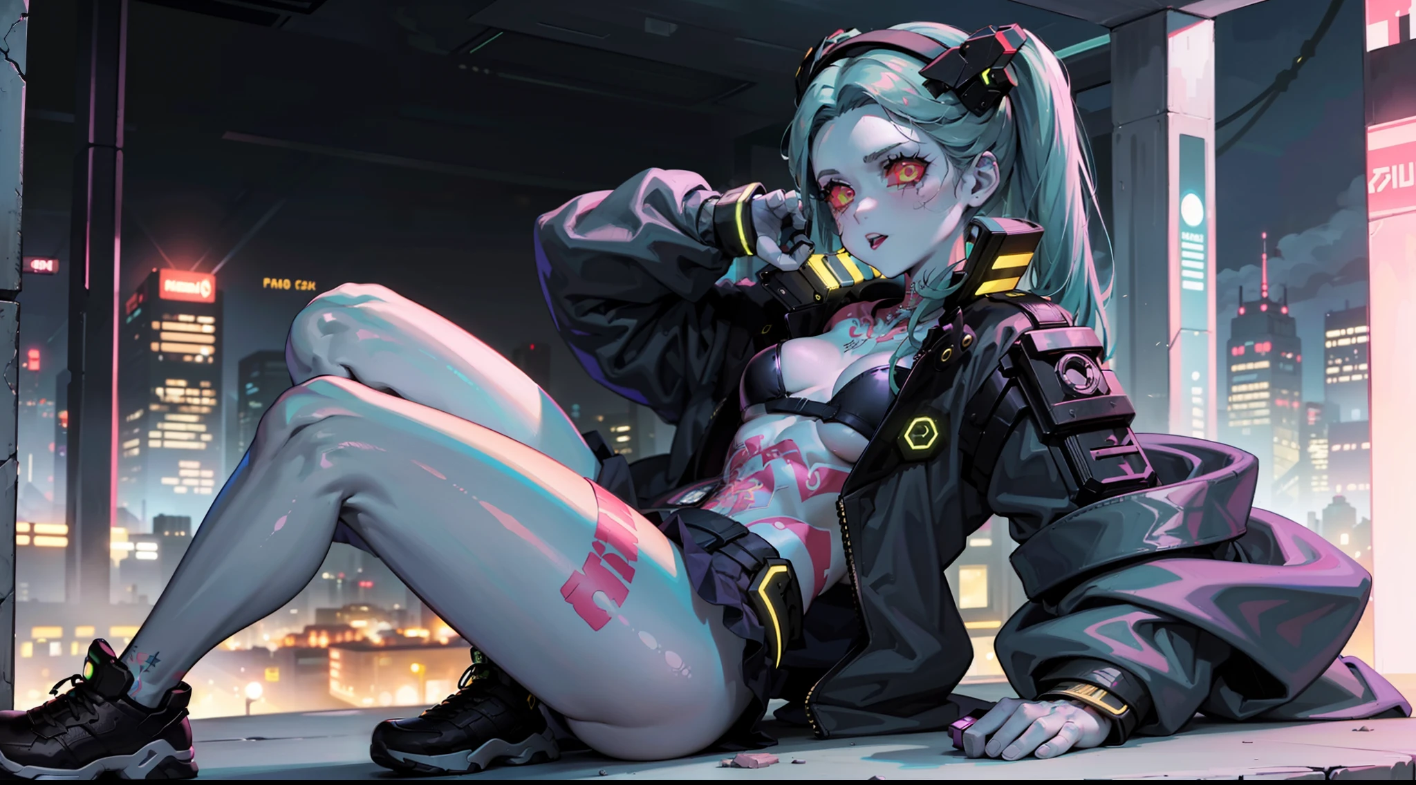 alta resolução, obra-prima, melhor qualidade, 1girl, rebecca \(cyberpunk\), militar, tattoo, sitting, roupa futurista, skirt, estilo cyberpunk neon, ao fundo cidade cyberpunk a noite, pele finamente detalhada, seios enormes, pernas muito musculosas