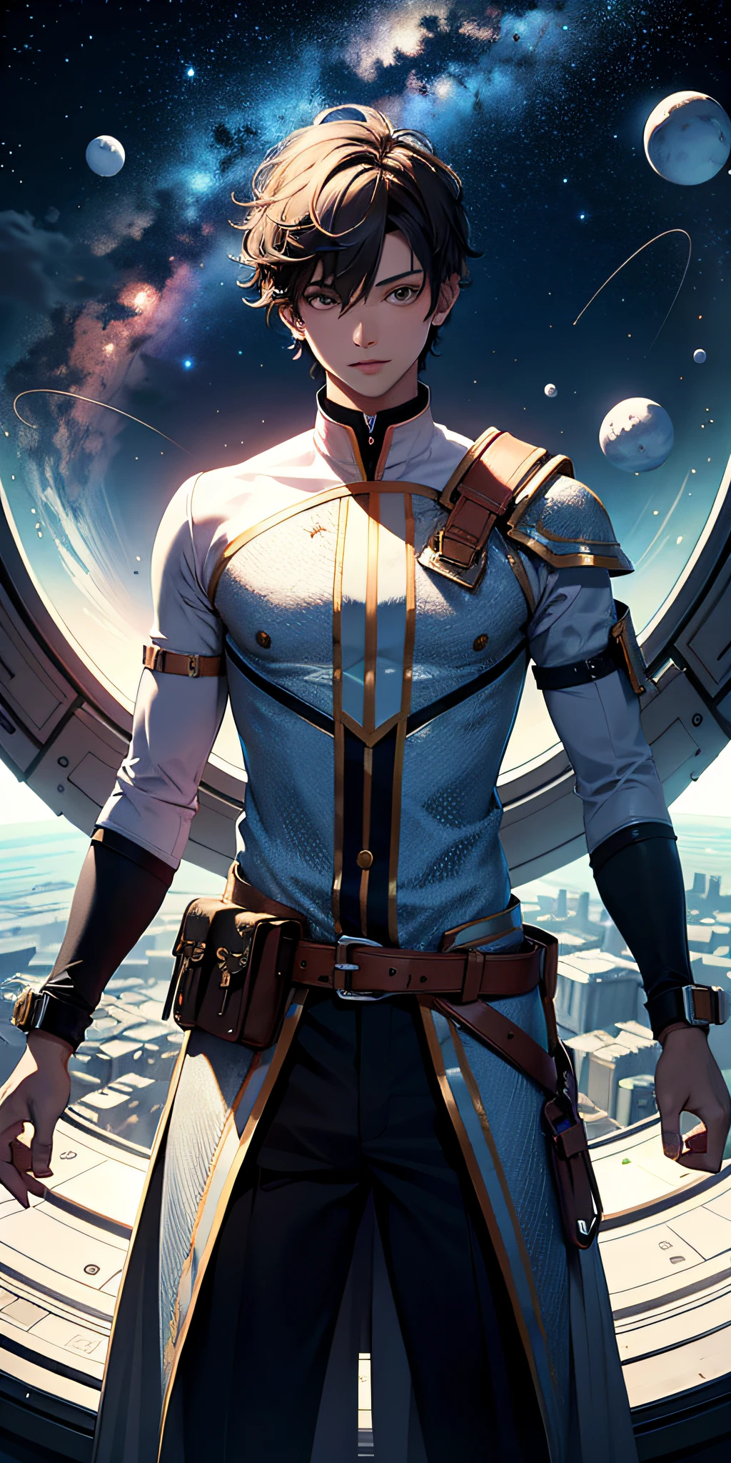 ridiculous resolution, high resolution, (masterpiece:1.4), super detailed, 1boy, seen from above, space, floating, --v 6