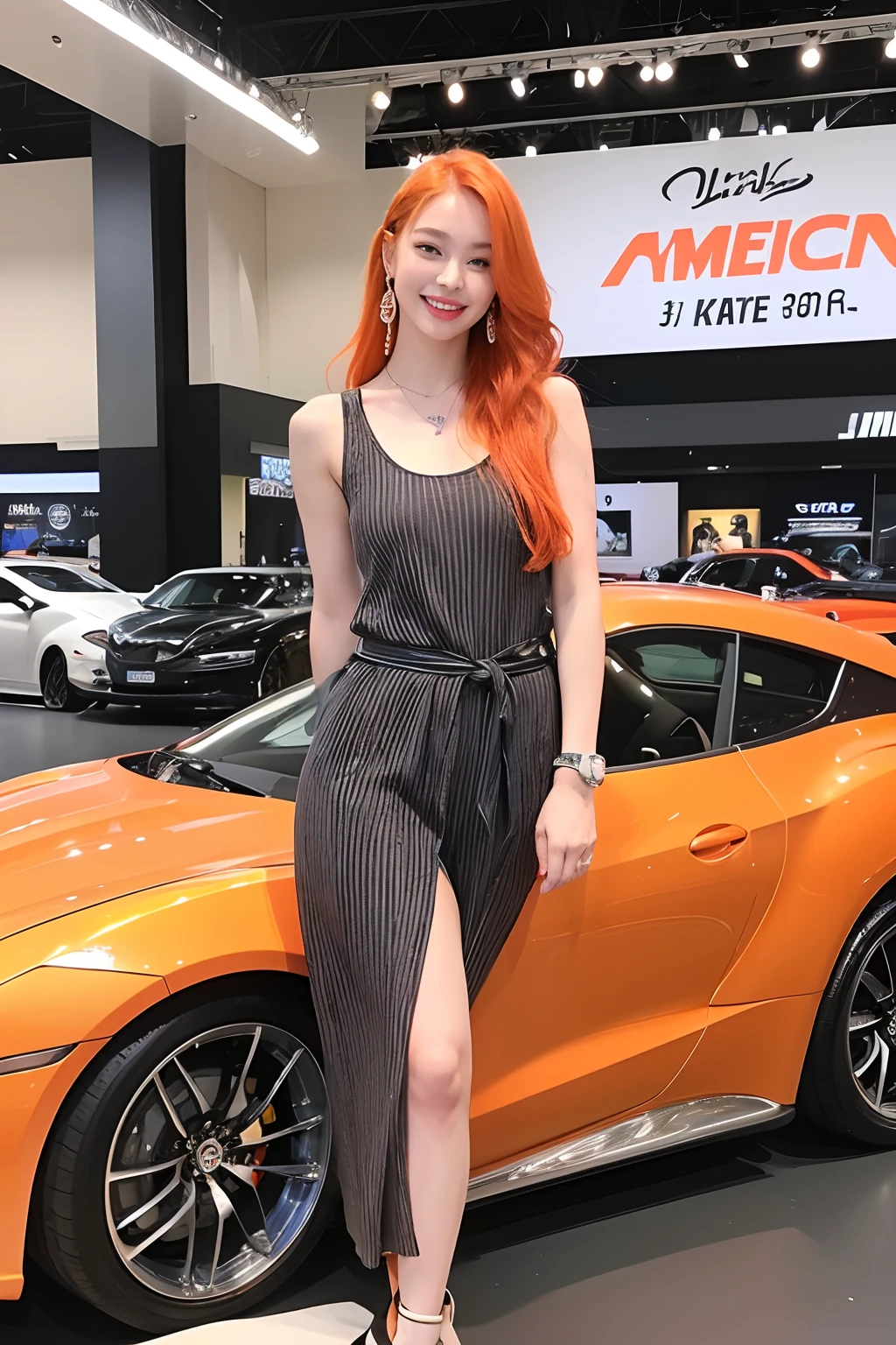 (extra detailed body、extra detailed face、best qualtiy:1.2)、femele、looking at the viewers、(Orange hair、、Outstanding smile、Flashy shoulder-length earrings、a necklace、Bracelets、Tank top with vertical stripes in 5 colors、JINS)、(American car exhibition hall:1.4)
