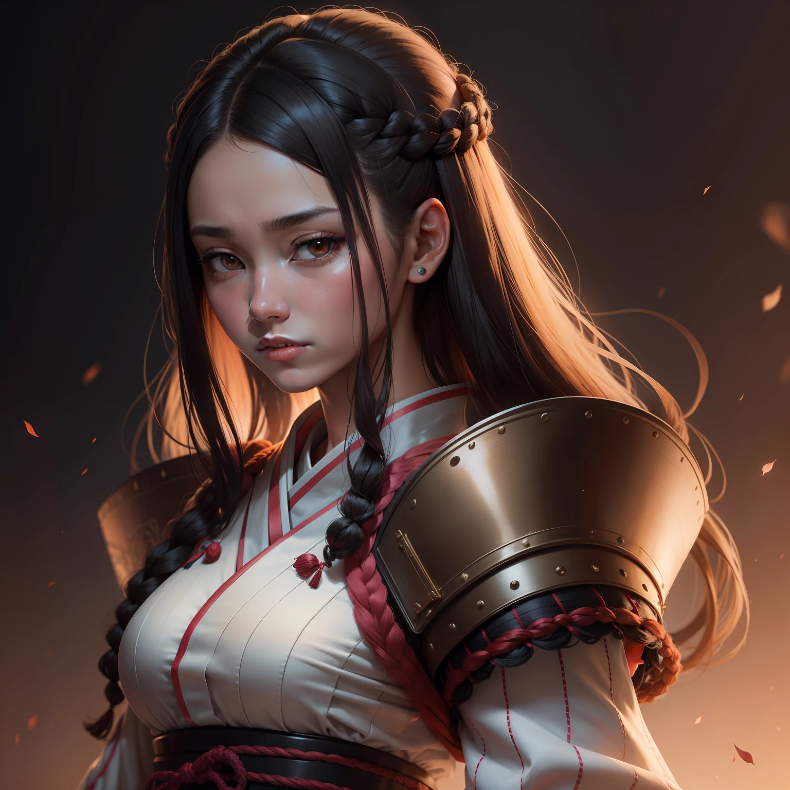 Retrato de una mujer joven, mujer Caucasica, usando un traje de pelea estilo japones, traje muy pegado al cuerpo, grandes senos y gran trasero, con el cabello agarrado y con trenzas, hiperrealista, 8 k resolution, cinematography lighting