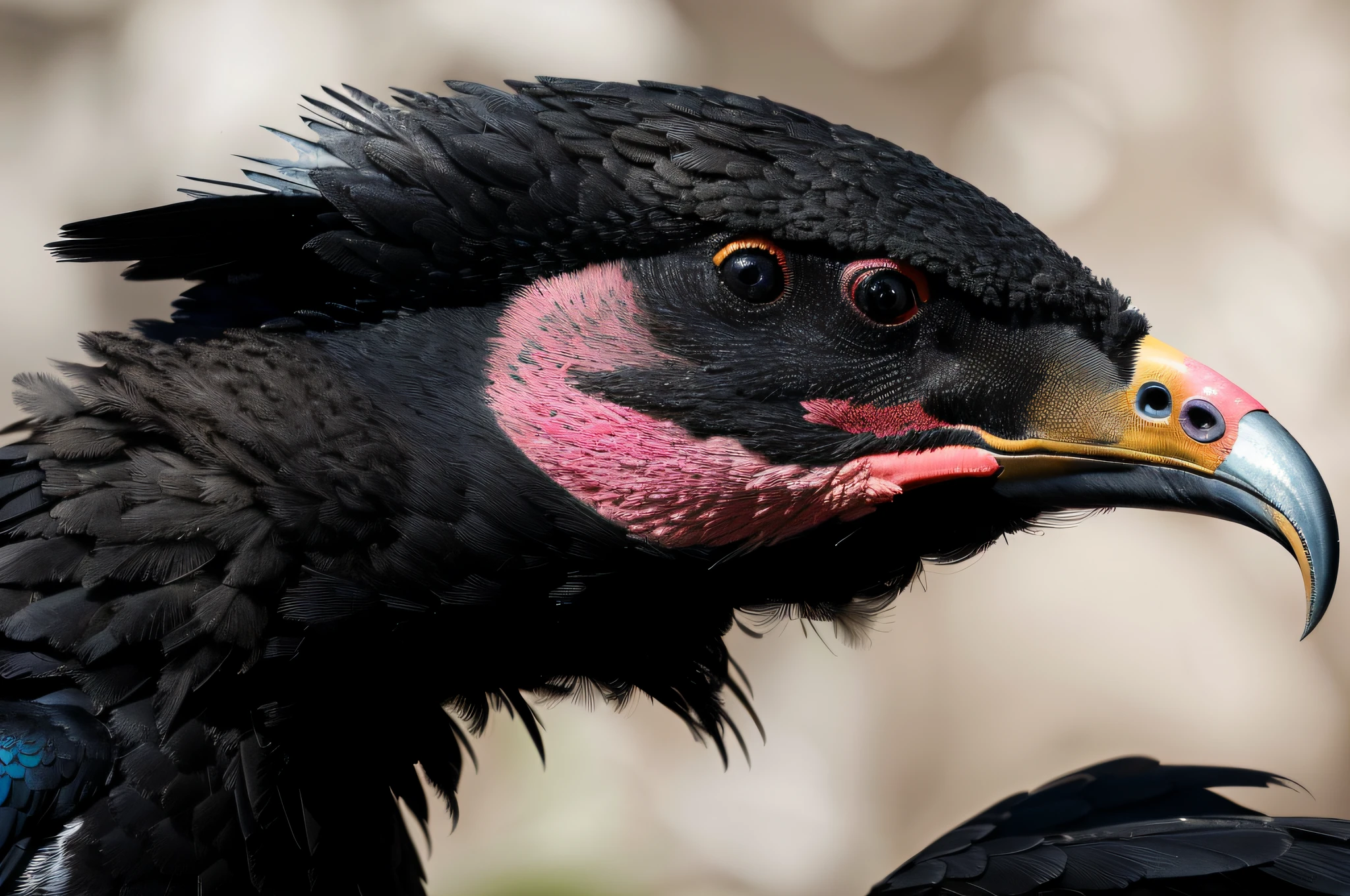 Araffe with a pink and black head and a black beak, bico preto longo e espesso brilhante, Turaco Frango Morfador, feathered head, bird head, foto de retrato em close-up, foto de retrato, retrato closeup, crow head, close - foto retrato acima, fechar retrato, its nose is a black beak, fechar - perfil para cima, dynamic closeup