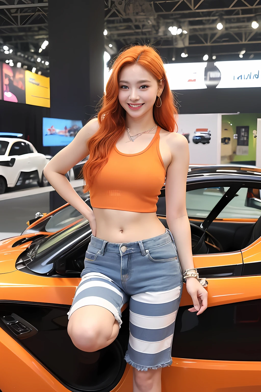 (extra detailed body、extra detailed face、best qualtiy:1.2)、femele、looking at the viewers、(Orange hair、、Outstanding smile、Flashy shoulder-length earrings、a necklace、Bracelets、Tank top with vertical stripes in 5 colors、JINS)、(American car exhibition hall:1.4)