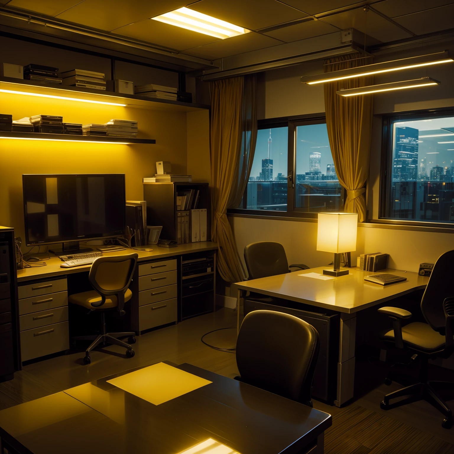 An office with yellow lights, professional, elegant