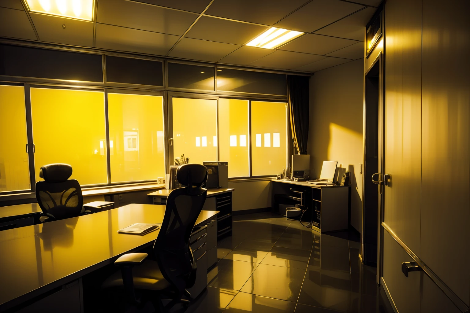 An office with yellow lights, professional, elegant