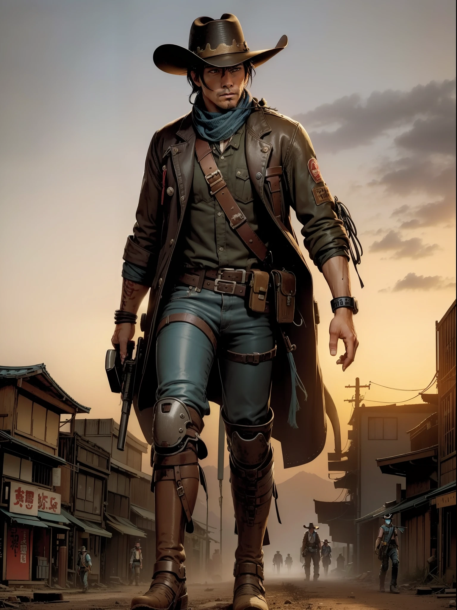 cowboys are walking through a dusty Japanese city, japanese cyberpunk wild west , post - apocalyptic cowboy,  , walking the wild west Japanese wastelands, the gunslinger, post - apocalyptic cowgirl, standing in wasteland, weird west, western gunslinger, husband and wife