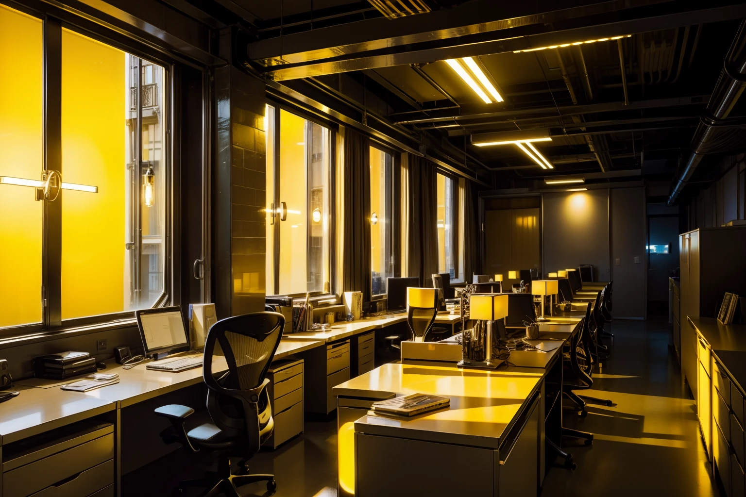 An office with yellow lights, professional, elegant