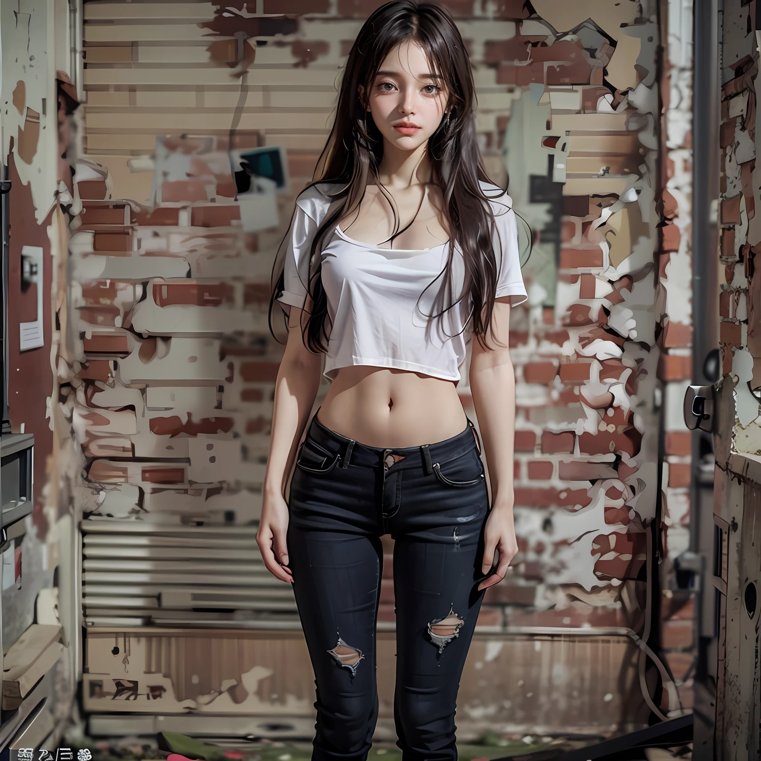 1girl, brunet hair, leather jacket, white crop top, ripped jeans, necklace, sitting, goddess body, exquisite face, jaw-dropping beauty, abandoned room, debris, peeling walls, fluorescent ceiling light, moody atmosphere, grungy setting, ((hyper realistic, detailed, RAW photo, cinematic lighting, masterpiece, 8K, depth of field, drop shadow, atmospheric, perfect composition)), cyberpunk aesthetic, indoor scene, dilapidated interior, intense gaze, edgy style