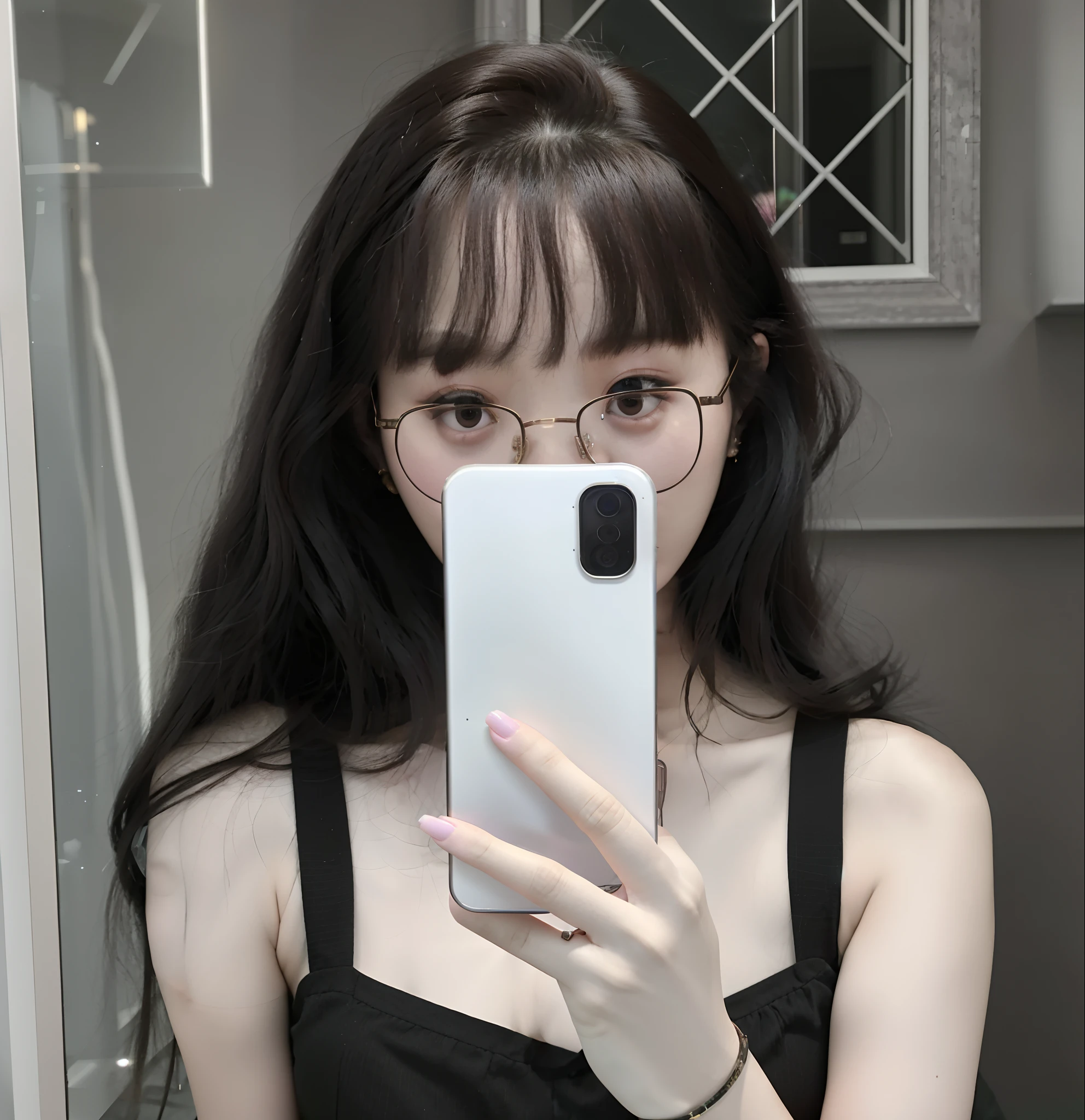 arafed woman in glasses taking a selfie in a mirror, ulzzang, with glasses, selfie of a young woman, she is holding a smartphone, jaeyeon nam, korean girl, with square glasses, heonhwa choe, 18 years old, profile picture, taejune kim, 🤤 girl portrait, with long hair, profile image, with bangs