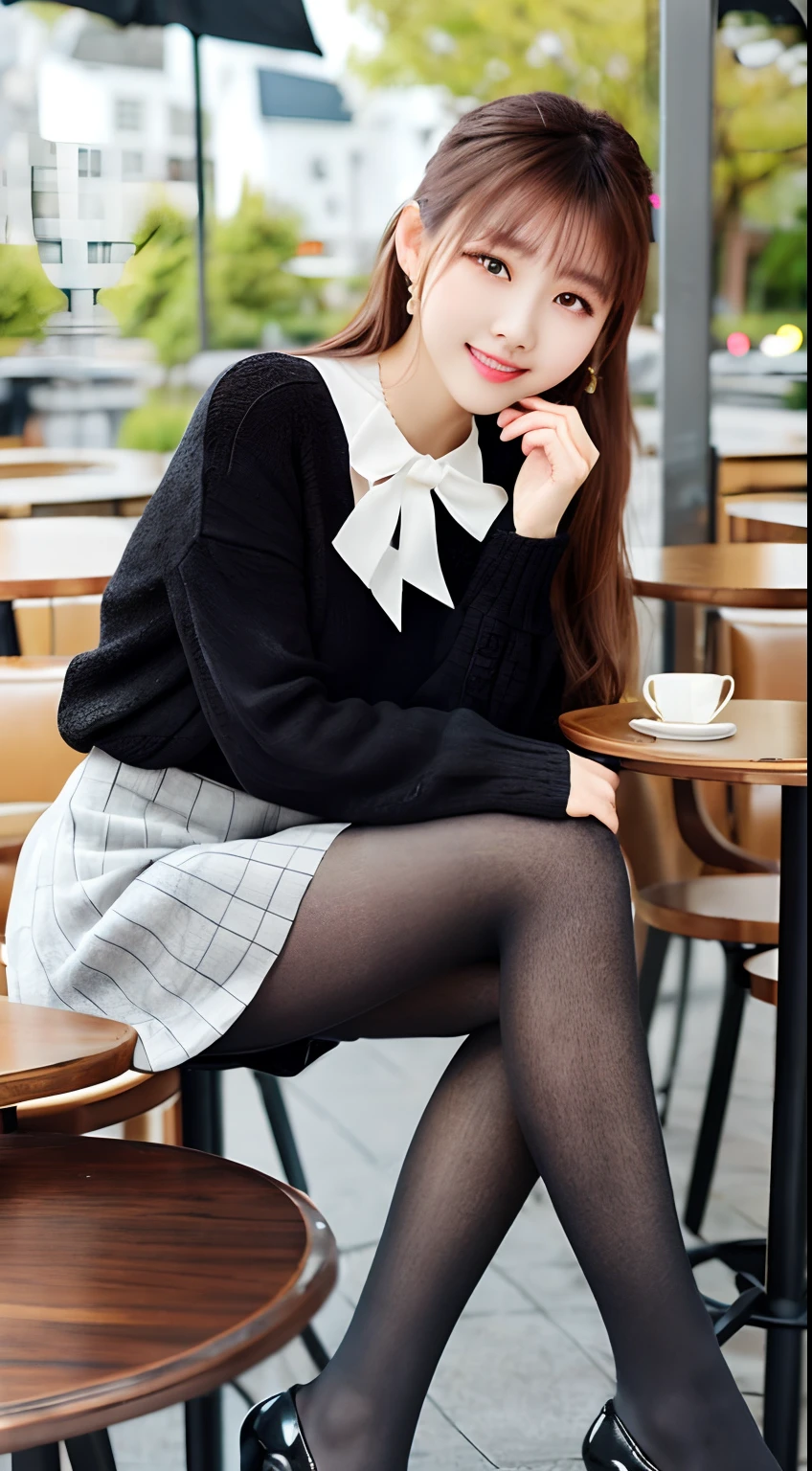 8k uhd, dslr,film grain, pantyhose, tights, Fujifilm XT3,(best quality:1.3), (masterpiece:1.1), high resolution, cinematic light, intricate details, (photorealistic),outside,beautiful outside,sunny,
korean girl,(in cafe:1.5) , dimples, looking at viewer, detailed trees, ribbons, bowties, bare shoulders, ribbed sweater, 
pencil skirt, high-waist skirt, head rest, sitting, indoors,
 necklace,black pantyhose, sheet transportation sweater, (smile),(full body:1.6),slender,