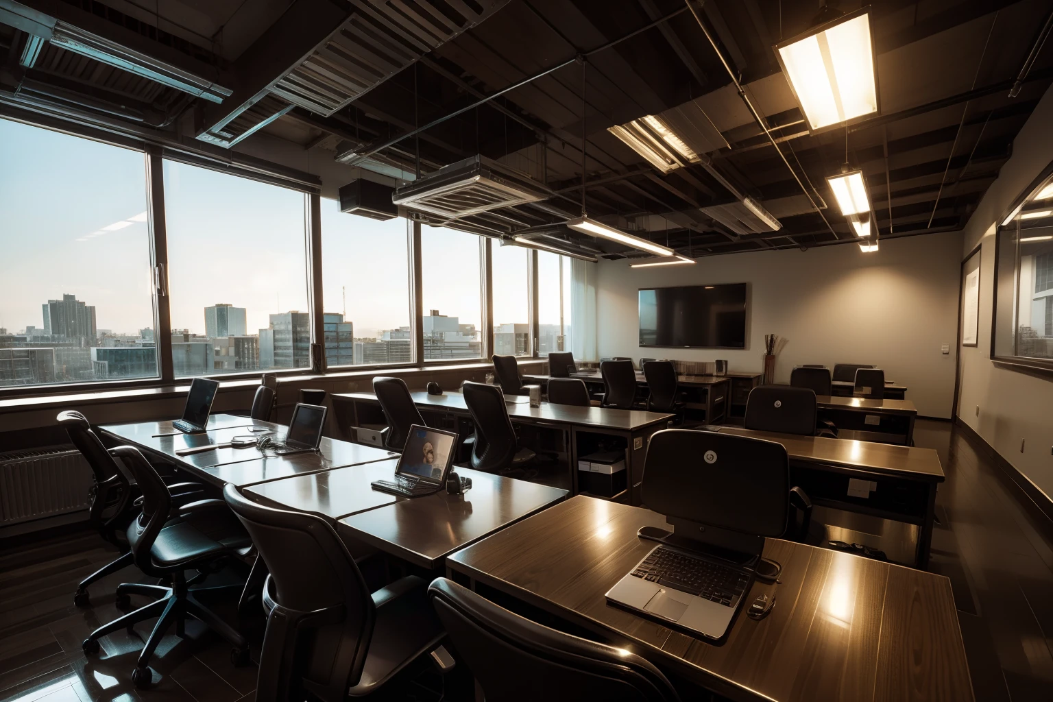 An office with brown lights, professional, elegant